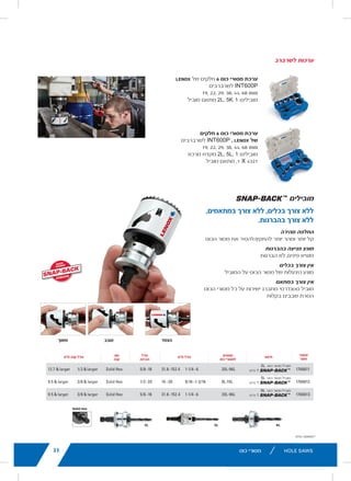 11lenoxtools.eu RECIPROCATING SAW BLADES
LENOX Gold®
POWER ARC™
RECIPROCATING SAW BLADES
Power Arc Curved Design for Superior
Performance in All Applications
POWER ARC CURVED BLADE
Delivers up to 2X longer life vs. traditional straight LENOX®
reciprocating saw blades
AGGRESSIVE BLADE DESIGN
Optimises the blade’s angle of attack for faster cutting in
a variety of materials
EXTENDED BLADE LIFE
T2™ Technology and precision applied titanium coating
help dissipate heat making blades last longer
FASTER CUTS
Titanium coating makes teeth more wear-resistant
so they stay sharp for quicker cuts
1
Blades do not feature Power Arc technology.
* vs traditional straight LENOX®
Reciprocating Saw Blades
** Items can only be ordered in minimum order unit or multiples of it
ITEM NO. DESCRIPTION EAN
MASTER
PACK
ORDER UNIT
= PACK**
MIN. ORDER QTY
BLADES/PACK
APPLICATION
EXTREMEMETALCUTTING
210926108GR 6108G 152 x 25 x 1,1mm 8TPI 82472210927 500 1 5
210969108GR 9108G 229 x 25 x 1,1mm 8TPI 82472210965 250 1 5
210936110GR 6110G 152 x 25 x 1,1mm 10TPI 82472210934 500 1 5
210979110GR 9110G 229 x 25 x 1,1mm 10TPI 82472210972 250 1 5
2110012110GR 12110G 305 x 25 x 1,1mm 10TPI 82472211009 250 1 5
210946114GR 6114G 152 x 25 x 1,1mm 14TPI 82472210941 500 1 5
210989114GR 9114G 229 x 25 x 1,1mm 14TPI 82472210989 250 1 5
2110112114GR 12114G 305 x 25 x 1,1mm 14TPI 82472211016 250 1 5
210956118GR 6118G 152 x 25 x 1,1mm 18TPI 82472210958 500 1 5
210999118GR 9118G 229 x 25 x 1,1mm 18TPI 82472210996 250 1 5
2110212118GR 12118G 305 x 25 x 1,1mm 18TPI 82472211023 250 1 5
DEMOLITION
210886066GR1
6066G 152 x 22 x 1,6mm 6TPI 82472210880 500 1 5
21090966GR 966G 229 x 22 x 1,6mm 6TPI 82472210903 250 1 5
21091106GR 106G 305 x 22 x 1,6mm 6TPI 82472210910 250 1 5
21089960GR 960G 229 x 22 x 1,6mm 10TPI 82472210897 250 1 5
METAL
21064610GR 610G 152 x 19 x 0,9mm 10TPI 82472210644 500 1 5
21065810GR 810G 203 x 19 x 1,3mm 10TPI 82472210651 250 1 5
21066414GR1
414G 102 x 19 x 0,9mm 14TPI 82472210668 500 1 5
21067614GR 614G 152 x 19 x 0,9mm 14TPI 82472210675 500 1 5
21068418GR1
418G 102 x 19 x 0,9mm 18TPI 82472210682 500 1 5
21069618GR 618G 152 x 19 x 0,9mm 18TPI 82472210699 500 1 5
21070818GR 818G 203 x 19 x 0,9mm 18TPI 82472210705 250 1 5
21071424GR1
424G 102 x 19 x 0,9mm 24TPI 82472210712 500 1 5
21072624GR 624G 152 x 19 x 0,9mm 24TPI 82472210729 500 1 5
21073824GR 824G 203 x 19 x 0,9mm 24TPI 82472210736 250 1 5
WOOD
21060656GR 656G 152 x 19 x 1,3mm 6TPI 82472201606 500 1 5
21062956GR 956G 229 x 19 x 1,3mm 6TPI 82472201620 250 1 5
21061156GR 156G 305 x 19 x 1,3mm 6TPI 82472201613 250 1 5
LX_12723603_2018_EN_Catalogue_NEW.indd 11 16/11/2017 13:47
25
PE
SHANK SIZE
in mm
x 1/2 & larger 12.7 & larger
x 3/8 & larger 9.5 & larger
x 3/8 & larger 9.5 & larger
6L
Snap
16/11/2017 13:47
lenoxtools.eu
1
HOLE SAWS
SPEED SLOT®
staircase for
fast, easy plug removal
SPEED SLOT®
HOLE SAWS WITH
50% Longer Life. 2X More Durable.*
IMPROVED METAL CUTTING PERFORMANCE
Increased wall thickness improves durability and minimize
Optimized tooth design penetrates metal with ease
FAST, EFFICIENT CUTTING IN WOOD
Larger, sharper teeth remove more wood for fast cutting
EASY PLUG REMOVAL
SPEED SLOT staircase design for fast, easy plug ejection
*vs. Prior LENOX Generation
LX_12723603_2018_EN_Catalogue_NEW.indd 21
‫כוס‬ ‫מסורי‬
‫לשרברב‬ ‫ערכות‬
lenoxtools.eu
PLUMBER’S KITS
HOLE SAWS
1768436
LENOX 6PC
INT600P PL
19, 22, 29, 38,
Arbors: 2L, 5L
1768794
LENOX 6PC
INT600P PL
19, 22, 29, 38,
Arbors: 2L, 5L
Bit, 1 x Arbor
SNAP-BACK™
ARBOR
No Tools. No Adaptors. No S
QUICK CHANGE
Faster and easier to engage/disengage
PREVENTS THREADS FROM STRIPPI
Drives off pins, not threads
NO TOOLS NEEDED
Prevents hole saw from locking on arbo
NO ADAPTOR REQUIRED
Standard Arbor threads directly into all
EASIER PLUG REMOVAL
PROD NO DESC FITS H
1768811
2L Hole Saw ARBOR
SNAP BACK 1 CM
20L
1768812
5L Hole Saw ARBOR
SNAP BACK 1CM
9L-1
1768813
6L Hole saw ARBOR
SNAP BACK 1CM
20L
2
Solid Hex
lenoxtools.eu
PLUMBER’S KITS
HOLE SAWS
1768436
LENOX 6PC HO
INT600P PLU
19, 22, 29, 38, 44
Arbors: 2L, 5L, 1
1768794
LENOX 6PC HO
INT600P PLU
19, 22, 29, 38, 44
Arbors: 2L, 5L, 1
Bit, 1 x Arbor Ad
SNAP-BACK™
ARBORS
No Tools. No Adaptors. No Sc
QUICK CHANGE
Faster and easier to engage/disengage h
PREVENTS THREADS FROM STRIPPING
Drives off pins, not threads
NO TOOLS NEEDED
Prevents hole saw from locking on arbor
NO ADAPTOR REQUIRED
Standard Arbor threads directly into all ho
EASIER PLUG REMOVAL
PROD NO DESC FITS HO
1768811
2L Hole Saw ARBOR
SNAP BACK 1 CM
20L-96
1768812
5L Hole Saw ARBOR
SNAP BACK 1CM
9L-19L
1768813
6L Hole saw ARBOR
SNAP BACK 1CM
20L-96
2L
Solid Hex
lenoxtools.eu
PLUMBER’S KITS
HOLE SAWS
1768436
LENOX 6PC HOLE SAW KIT
INT600P PLUMBERS
19, 22, 29, 38, 44, 68mm,
Arbors: 2L, 5L, 1 x Arbor Adapter
1768794
LENOX 6PC HOLE SAW KIT
INT600P PLUMBER
19, 22, 29, 38, 44, 57mm
Arbors: 2L, 5L, 1 x 4321 Pilot Drill
Bit, 1 x Arbor Adapter
SNAP-BACK™
ARBORS
No Tools. No Adaptors. No Screwing Around.
QUICK CHANGE
Faster and easier to engage/disengage hole saw
PREVENTS THREADS FROM STRIPPING
Drives off pins, not threads
NO TOOLS NEEDED
Prevents hole saw from locking on arbor
NO ADAPTOR REQUIRED
Standard Arbor threads directly into all hole saws
EASIER PLUG REMOVAL
PROD NO DESC FITS HOLE SAWS
SIZES
THREAD SIZE SHANK TYPE
SH
in mm in
1768811
2L Hole Saw ARBOR
SNAP BACK 1 CM
20L-96L 1-1/4–6 31.8–152.4 5/8–18 Solid Hex 1/2 & lar
1768812
5L Hole Saw ARBOR
SNAP BACK 1CM
9L-19L 9/16–1-3/16 14–30 1/2–20 Solid Hex 3/8 & lar
1768813
6L Hole saw ARBOR
SNAP BACK 1CM
20L-96L 1-1/4–6 31.8–152.4 5/8–18 Solid Hex 3/8 & lar
2L 5L 6L
Solid Hex
Pull Twist
LX_12723603_2018_EN_Catalogue_NEW.indd 25
‫של‬ ‫חלקים‬ 6 ‫כוס‬ ‫מסורי‬ ‫ערכת‬
‫לשרברבים‬ INT600P
19, 22, 29, 38, 44, 68 mm
‫מוביל‬ ‫מתאם‬ 2L, 5K, 1 :‫מובילים‬
‫חלקים‬ 6 ‫כוס‬ ‫מסורי‬ ‫ערכת‬
‫לשרברבים‬ INT600P ,
PLUMBER’S KITS
1768436
LENOX 6PC HOLE SAW KIT
INT600P PLUMBERS
19, 22, 29, 38, 44, 68mm,
Arbors: 2L, 5L, 1 x Arbor Adapter
1768794
LENOX 6PC HOLE SAW KIT
INT600P PLUMBER
19, 22, 29, 38, 44, 57mm
Arbors: 2L, 5L, 1 x 4321 Pilot Drill
Bit, 1 x Arbor Adapter
SNAP-BACK™
ARBORS
No Tools. No Adaptors. No Screwing Around.
QUICK CHANGE
Faster and easier to engage/disengage hole saw
PREVENTS THREADS FROM STRIPPING
Drives off pins, not threads
NO TOOLS NEEDED
Prevents hole saw from locking on arbor
NO ADAPTOR REQUIRED
Standard Arbor threads directly into all hole saws
EASIER PLUG REMOVAL
PROD NO DESC FITS HOLE SAWS
SIZES
THREAD
in mm
1768811
2L Hole Saw ARBOR
SNAP BACK 1 CM
20L-96L 1-1/4–6 31.8–152.4 5/8–18
1768812
5L Hole Saw ARBOR
SNAP BACK 1CM
9L-19L 9/16–1-3/16 14–30 1/2–20
1768813
6L Hole saw ARBOR
SNAP BACK 1CM
20L-96L 1-1/4–6 31.8–152.4 5/8–18
2L 5L
Solid Hex
Pull
‫של‬
19, 22, 29, 38, 44, 68 mm
‫מרכוז‬ ‫מקדח‬ 2L, 5L, 1 :‫מובילים‬
‫מוביל‬ ‫מתאם‬ ,1 X 4321
25
ound.
SIZES
THREAD SIZE SHANK TYPE
SHANK SIZE
n mm in mm
6 31.8–152.4 5/8–18 Solid Hex 1/2 & larger 12.7 & larger
1-3/16 14–30 1/2–20 Solid Hex 3/8 & larger 9.5 & larger
6 31.8–152.4 5/8–18 Solid Hex 3/8 & larger 9.5 & larger
5L 6L
Pull Twist Snap
16/11/2017 13:47
lenoxtools.eu
PLUMBER’S KITS
HOLE SAWS
1768436
LENOX 6PC HOLE SAW KIT
INT600P PLUMBERS
19, 22, 29, 38, 44, 68mm,
Arbors: 2L, 5L, 1 x Arbor Adapte
1768794
LENOX 6PC HOLE SAW KIT
INT600P PLUMBER
19, 22, 29, 38, 44, 57mm
Arbors: 2L, 5L, 1 x 4321 Pilot Dril
Bit, 1 x Arbor Adapter
SNAP-BACK™
ARBORS
No Tools. No Adaptors. No Screwing Ar
QUICK CHANGE
Faster and easier to engage/disengage hole saw
PREVENTS THREADS FROM STRIPPING
Drives off pins, not threads
NO TOOLS NEEDED
Prevents hole saw from locking on arbor
NO ADAPTOR REQUIRED
Standard Arbor threads directly into all hole saws
EASIER PLUG REMOVAL
PROD NO DESC FITS HOLE SAWS
1768811
2L Hole Saw ARBOR
SNAP BACK 1 CM
20L-96L 1-1/4
1768812
5L Hole Saw ARBOR
SNAP BACK 1CM
9L-19L 9/16
1768813
6L Hole saw ARBOR
SNAP BACK 1CM
20L-96L 1-1/4
2L
Solid Hex
LX_12723603_2018_EN_Catalogue_NEW.indd 25
‫מובילים‬
,‫במתאמים‬ ‫צורך‬ ‫ללא‬ ,‫בכלים‬ ‫צורך‬ ‫ללא‬
.‫בהברגות‬ ‫צורך‬ ‫ללא‬
‫מהירה‬ ‫החלפה‬
‫הכוס‬ ‫מסור‬ ‫את‬ ‫להתקין/להסיר‬ ‫יותר‬ ‫ומהר‬ ‫יותר‬ ‫קל‬
‫בהברגות‬ ‫פגיעה‬ ‫מונע‬
‫הברגות‬ ‫לא‬ ,‫פינים‬ ‫מוציא‬
‫בכלים‬ ‫צורך‬ ‫אין‬
‫המוביל‬ ‫על‬ ‫הכוס‬ ‫מסור‬ ‫של‬ ‫הינעלות‬ ‫מונע‬
‫במתאם‬ ‫צורך‬ ‫אין‬
‫הכוס‬ ‫מסורי‬ ‫כל‬ ‫על‬ ‫ישירות‬ ‫מתברג‬ ‫סטנדרטי‬ ‫מוביל‬
‫בקלות‬ ‫שבבים‬ ‫הסרת‬
25WS
PC HOLE SAW KIT
PLUMBERS
38, 44, 68mm,
, 5L, 1 x Arbor Adapter
PC HOLE SAW KIT
PLUMBER
38, 44, 57mm
, 5L, 1 x 4321 Pilot Drill
bor Adapter
RS
o Screwing Around.
ge hole saw
PING
rbor
all hole saws
TS HOLE SAWS
SIZES
THREAD SIZE SHANK TYPE
SHANK SIZE
in mm in mm
20L-96L 1-1/4–6 31.8–152.4 5/8–18 Solid Hex 1/2 & larger 12.7 & larger
9L-19L 9/16–1-3/16 14–30 1/2–20 Solid Hex 3/8 & larger 9.5 & larger
20L-96L 1-1/4–6 31.8–152.4 5/8–18 Solid Hex 3/8 & larger 9.5 & larger
2L 5L 6L
Pull Twist Snap‫משוך‬ ‫סובב‬ ‫הצמד‬
25lenoxtools.eu
PLUMBER’S KITS
HOLE SAWS
1768436
LENOX 6PC HOLE SAW KIT
INT600P PLUMBERS
19, 22, 29, 38, 44, 68mm,
Arbors: 2L, 5L, 1 x Arbor Adapter
1768794
LENOX 6PC HOLE SAW KIT
INT600P PLUMBER
19, 22, 29, 38, 44, 57mm
Arbors: 2L, 5L, 1 x 4321 Pilot Drill
Bit, 1 x Arbor Adapter
SNAP-BACK™
ARBORS
No Tools. No Adaptors. No Screwing Around.
QUICK CHANGE
Faster and easier to engage/disengage hole saw
PREVENTS THREADS FROM STRIPPING
Drives off pins, not threads
NO TOOLS NEEDED
Prevents hole saw from locking on arbor
NO ADAPTOR REQUIRED
Standard Arbor threads directly into all hole saws
EASIER PLUG REMOVAL
PROD NO DESC FITS HOLE SAWS
SIZES
THREAD SIZE SHANK TYPE
SHANK SIZE
in mm in mm
1768811
2L Hole Saw ARBOR
SNAP BACK 1 CM
20L-96L 1-1/4–6 31.8–152.4 5/8–18 Solid Hex 1/2 & larger 12.7 & larger
1768812
5L Hole Saw ARBOR
SNAP BACK 1CM
9L-19L 9/16–1-3/16 14–30 1/2–20 Solid Hex 3/8 & larger 9.5 & larger
1768813
6L Hole saw ARBOR
SNAP BACK 1CM
20L-96L 1-1/4–6 31.8–152.4 5/8–18 Solid Hex 3/8 & larger 9.5 & larger
2L 5L 6L
Solid Hex
Pull Twist Snap
‫מספר‬
‫מוצר‬‫תיאור‬‫מ"מ‬ ‫גודל‬ ‫מתאים‬
‫כוס‬ ‫למסורי‬
‫גודל‬
‫הברגה‬
‫סוג‬
‫קנה‬
‫מ"מ‬ ‫קנה‬ ‫גודל‬
2L ‫כוס‬ ‫מסור‬ ‫מוביל‬
‫ס"מ‬ 1
PLUMBER’S KITS
1768436
LENOX 6PC HOLE SAW KIT
INT600P PLUMBERS
19, 22, 29, 38, 44, 68mm,
Arbors: 2L, 5L, 1 x Arbor Adapter
1768794
LENOX 6PC HOLE SAW KIT
INT600P PLUMBER
19, 22, 29, 38, 44, 57mm
Arbors: 2L, 5L, 1 x 4321 Pilot Drill
Bit, 1 x Arbor Adapter
SNAP-BACK™
ARBORS
No Tools. No Adaptors. No Screwing Around.
QUICK CHANGE
Faster and easier to engage/disengage hole saw
PREVENTS THREADS FROM STRIPPING
Drives off pins, not threads
NO TOOLS NEEDED
Prevents hole saw from locking on arbor
NO ADAPTOR REQUIRED
Standard Arbor threads directly into all hole saws
EASIER PLUG REMOVAL
PROD NO DESC FITS HOLE SAWS
SIZES
in mm
1768811
2L Hole Saw ARBOR
SNAP BACK 1 CM
20L-96L 1-1/4–6 31.8–152.4
1768812
5L Hole Saw ARBOR
SNAP BACK 1CM
9L-19L 9/16–1-3/16 14–30
1768813
6L Hole saw ARBOR
SNAP BACK 1CM
20L-96L 1-1/4–6 31.8–152.4
Pull
5L ‫כוס‬ ‫מסור‬ ‫מוביל‬
‫ס"מ‬ 1
PLUMBER’S KITS
1768436
LENOX 6PC HOLE SAW KIT
INT600P PLUMBERS
19, 22, 29, 38, 44, 68mm,
Arbors: 2L, 5L, 1 x Arbor Adapter
1768794
LENOX 6PC HOLE SAW KIT
INT600P PLUMBER
19, 22, 29, 38, 44, 57mm
Arbors: 2L, 5L, 1 x 4321 Pilot Drill
Bit, 1 x Arbor Adapter
SNAP-BACK™
ARBORS
No Tools. No Adaptors. No Screwing Around.
QUICK CHANGE
Faster and easier to engage/disengage hole saw
PREVENTS THREADS FROM STRIPPING
Drives off pins, not threads
NO TOOLS NEEDED
Prevents hole saw from locking on arbor
NO ADAPTOR REQUIRED
Standard Arbor threads directly into all hole saws
EASIER PLUG REMOVAL
PROD NO DESC FITS HOLE SAWS
SIZES
in mm
1768811
2L Hole Saw ARBOR
SNAP BACK 1 CM
20L-96L 1-1/4–6 31.8–152.4
1768812
5L Hole Saw ARBOR
SNAP BACK 1CM
9L-19L 9/16–1-3/16 14–30
Pull
6L ‫כוס‬ ‫מסור‬ ‫מוביל‬
‫ס"מ‬ 1
PLUMBER’S KITS
1768436
LENOX 6PC HOLE SAW KIT
INT600P PLUMBERS
19, 22, 29, 38, 44, 68mm,
Arbors: 2L, 5L, 1 x Arbor Adapter
1768794
LENOX 6PC HOLE SAW KIT
INT600P PLUMBER
19, 22, 29, 38, 44, 57mm
Arbors: 2L, 5L, 1 x 4321 Pilot Drill
Bit, 1 x Arbor Adapter
SNAP-BACK™
ARBORS
No Tools. No Adaptors. No Screwing Around.
QUICK CHANGE
Faster and easier to engage/disengage hole saw
PREVENTS THREADS FROM STRIPPING
Drives off pins, not threads
NO TOOLS NEEDED
Prevents hole saw from locking on arbor
NO ADAPTOR REQUIRED
Standard Arbor threads directly into all hole saws
EASIER PLUG REMOVAL
PROD NO DESC FITS HOLE SAWS
SIZES
in mm
Pull
‫מלא‬ ‫*משושה‬
25
 