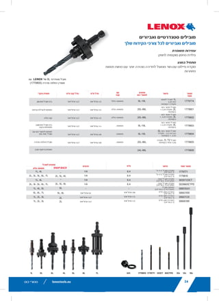 lenoxtools.eu12 RECIPROCATING SAW BLADES
LAZER®
RECIPROCATING SAW BLADES
Best for Heavy Metal Cutting
POWER BLAST TECHNOLOGY™ INCREASES BLADE LIFE
High speed blasting along the cutting edge strengthens
the blade to reduce breaks and increase durability
STRAIGHTER CUTS IN LARGE DIAMETER MATERIALS
Taller blade profile delivers straighter cuts and longer life
in the most demanding metal cutting applications
ITEM NO. TPI
LENGTH x WIDTH x THICKNESS
EAN
MASTER
PACK
ORDER UNIT
= PACK*
MIN. ORDER QTY
BLADES/PACK
APPLICATION
in mm
THICKMETAL
201706110R 10 6 x 1 x .042 152 x 25 x 1.07 82472201703 375 1 5 Structural
Steels and All Metals
5-13mm201769110R 10 9 x 1 x .042 229 x 25 x 1.07 82472201765 225 1 5
2018212110R 10 12 x 1 x .042 305 x 25 x 1.07 82472201826 225 1 5
THICK&MEDIUM
METAL
201726114R 14 6 x 1 x .035 152 x 25 x 0.9 82472201727 375 1 5 Structural
Steels and All Metals
2-10mm201789114R 14 9 x 1 x .035 229 x 25 x 0.9 82472201789 225 1 5
2018412114R 14 12 x 1 x .042 305 x 25 x 1.07 82472201840 225 1 5
20185B12114R 14 12 x 1 x .042 305 x 25 x 1.07 82472201857 250 1 25
MEDIUM
METAL
201746118R 18 6 x 1 x .035 152 x 25 x 0.9 82472201741 375 1 5 Structural
Steels and All Metals
2-6mm201809118R 18 9 x 1 x .035 229 x 25 x 0.9 82472201802 225 1 5
2019012118R 18 12 x 1 x .042 305 x 25 x 1.07 82472201901 225 1 5
*Items can only be ordered in minimum order unit or multiples of it
DEMOLITION RECIPROCATING SAW BLADES
Best Blade for Demolition Applications
POWER BLAST TECHNOLOGY™ INCREASES BLADE LIFE
High speed blasting along the cutting edge strengthens the
blade to reduce breaks and increase durability
MAXIMUM DURABILITY
Taller and thicker blade profile prevents bending during
cutting and provides maximum control in the toughest
demolition applications
ITEM NO. TPI
LENGTH x WIDTH x THICKNESS
EAN
MASTER
PACK
ORDER UNIT
= PACK*
MIN. ORDER QTY
BLADES/PACK
APPLICATION
in mm
DEMOLITION
20598966R 6 9 x 1 x .062 229 x 22 x 1.6 82472205985 180 1 2
20500106R 6 12 x 1 x .062 305 x 22 x 1.6 82472205008 180 1 2
20523B966R 6 9 x 1 x .062 229 x 22 x 1.6 82472205237 200 1 25
20597960R 10 9 x 1 x .062 229 x 22 x 1.6 82472205978 180 1 2
20372960R5 10 9 x 1 x .062 229 x 22 x 1.6 82472203721 225 1 5
20524B960R 10 9 x 1 x .062 229 x 22 x 1.6 82472205244 200 1 25
LX_12723603_2018_EN_Catalogue_NEW.indd 12 16/11/2017 13:47
lenoxtools.euHOLE SAWS
DRYWALL /
PLASTER
CAST
IRON
CEMENT
BOARD
ABRASIVES
TILE &
GRANITE
LENOX® DIAMOND™
CARBIDE
TIPPED
—
BI-METAL —
CARBIDE
TIPPED
16/11/2017 13:47
26
STANDARD ARB
Arbors & Accessorie
PROD NO
ACCESSORIES
1779771 4-1/4
1779810 3-1/4
30297123CT Carb
3029865CTPD Carb
30857AA1 Stan
3084310X 250 m
3084712X 300 m
3084818X 450 m
ADDED DURABILITY
Hardened carbon steel for st
STARTS ON CONTACT
Split point pilot drill for faster
and less walking
PROD NO DESC
1779774
1L Holesaw ARBOR 4
DRILL 1/BOX
1779801
2L Holesaw ARBOR 4
DRILL 1/BOX
1779802
3L Holesaw ARBOR 3
DRILL 1/BOX
1779803
4L Holesaw ARBOR 4
DRILL 1/BOX
1779804
5L Holesaw ARBOR 1
3.25 DRILL 1/BOX
1779805
6L T2 ARBOR 3.25
DRILL 1/BOX
1779806
7L T2 ARBOR 3.25
DRILL 1/BOX
1L 3L 4L2L
LX_12723603_2018_EN_Catalogue_NEW.indd 26
22
RECOMMENDED HOLE SAW
BI-METAL
DIAMETER MILD
STEEL
TOOL /
STAINLESS
STEEL
CAST
IRON
BRAS
in mm
9L 14mm 580 300 400 790
10L 16mm 550 275 365 730
11L 17mm 500 250 330 665
12L 19mm 460 230 300 600
20L 20mm 425 210 280 560
13L 21mm 425 210 280 560
14L 22mm 390 195 260 520
15L 24mm 370 185 245 495
16L 25mm 350 175 235 470
17L 27mm 325 160 215 435
18L 29mm 300 150 200 400
19L 30mm 285 145 190 380
20L 32mm 275 140 180 360
21L 33mm 260 135 175 345
22L 35mm 250 125 165 330
23L 37mm 240 120 160 315
24L 38mm 230 115 150 300
25L 40mm 220 110 145 290
26L 41mm 210 105 140 280
27L 43mm 205 100 135 270
28L 44mm 195 95 130 250
29L 46mm 190 95 125 250
30L 48mm 180 90 120 240
32L 51mm 170 85 115 230
33L 52mm 165 80 110 220
34L 54mm 160 80 105 210
35L 56mm 285 145 190 380
36L 57mm 150 75 100 200
38L 60mm 140 70 95 190
39L 62mm 135 65 90 180
40L 64mm 135 65 90 180
41L 65mm 130 65 85 175
42L 67mm 130 65 85 170
43L 68mm 125 60 80 160
44L 70mm 125 60 80 160
46L 73mm 120 60 80 160
48L 76mm 115 55 75 150
50L 79mm 110 55 70 140
52L 83mm 105 50 70 140
54L 86mm 100 50 65 130
56L 89mm 95 45 65 130
58L 92mm 95 45 60 120
60L 95mm 90 45 60 120
62L 98mm 85 40 55 110
64L 102mm 85 40 55 110
66L 105mm 80 40 55 110
68L 108mm 80 40 55 110
70L 111mm 75 35 50 100
72L 114mm 75 35 50 100
74L 118mm 75 35 50 100
76L 121mm 70 35 45 90
80L 127mm 70 35 45 90
83L 133mm 105 50 70 140
88L 140mm 65 30 40 85
92L 146mm 95 45 60 120
96L 152mm 65 30 40 85
**106L 168mm 65 30 40 85
**112L 177mm 65 30 40 85
**132L 210mm 65 30 40 85
**T1 bi-metal hole saw design
LX_12723603_2018_EN_Catalogue_NEW.indd 22
‫ואביזרים‬ ‫סטנדרטיים‬ ‫מובילים‬
‫שלך‬ ‫הקידוח‬ ‫צורכי‬ ‫לכל‬ ‫ואביזרים‬ ‫מובילים‬
‫משופרת‬ ‫עמידות‬
‫לחוזק‬ ‫מוקשית‬ ‫פחמן‬ ‫פלדת‬
‫במגע‬ ‫מתחיל‬
‫תזוזות‬ ‫פחות‬ ‫עם‬ ‫יותר‬ ‫מהירה‬ ‫לחדירה‬ ‫מפוצל‬ ‫חוד‬ ‫עם‬ ‫פיילוט‬ ‫מקדח‬
‫מיותרות‬
‫כוס‬ ‫מסורי‬ lenoxtools.euHOLE SAWS
ACCESSORIES
Your Drilling Needs
TION
CHUCK SIZE FITS ARBOR
in mm SNAP BACK SOLID HEX
k) 1/4 6.4 — 1L, 4L
k) 1/4 6.4 2L, 5L, 6L 2L, 3L, 5L, 6L, 7L
Drill (1 pack) 1/4 6.4 — 1L, 4L
Drill (1 pack) 1/4 6.4 2L,5L, 6L 2L, 3L, 5L, 6L, 7L
or (1 pack) — — 5L 1L, 4L, 5L
pack) 3/8 & larger 9.5 & larger 5L, 6L 5L, 6L, 7L
pack) 1/2 & larger 12.7 & larger 2L 1L, 2L, 3L
pack) 1/2 & larger 12.7 & larger 2L 1L, 2L, 3L
OLE SIZES SHANK SHANK SIZE
PRIMARY FEATURE
S in mm TYPE in mm
L 9/16–1-3/16 14.3–30.2
Hollow
Hex
1/2 & larger 12.7 & larger Adjustable pilot bit
6L 1-1/4–6 31.8–152.4 Solid Hex 1/2 & larger 12.7 & larger
Use for enlarging
holes
6L 1-1/4–6 31.8–152.4 Solid Hex 1/2 & larger 12.7 & larger Solid shank
L 9/16–1-3/16 14.3–30.2 3 Sided 1/4 & larger 6.4 & larger
Adjustable pilot bit,
3 flats on shank
L 9/16–1-3/16 14.3–30.2 Hex 3/8 & larger 9.5 & larger
Use for 9A-19A
arbored hole saws
6L 1-1/4–6 31.8–152.4 Hex 3/8 & larger 9.5 & larger Quick change arbor
6L 1-1/2–6 31.8–152.4 Hex 3/8 & larger 9.5 & larger Plug ejection feature
LENOX 6L Standard Arbor with quick
change feature (1779805)
1779810 1779771 123CT 65CTPD 10x 12x 18xL 7L AA1
16/11/2017 13:47
‫עם‬
PLUMBER’S KITS
1768436
LENOX 6PC HOLE SAW KIT
INT600P PLUMBERS
19, 22, 29, 38, 44, 68mm,
Arbors: 2L, 5L, 1 x Arbor Adapter
1768794
LENOX 6PC HOLE SAW KIT
INT600P PLUMBER
19, 22, 29, 38, 44, 57mm
Arbors: 2L, 5L, 1 x 4321 Pilot Drill
Bit, 1 x Arbor Adapter
SNAP-BACK™
ARBORS
No Tools. No Adaptors. No Screwing Around.
QUICK CHANGE
Faster and easier to engage/disengage hole saw
PREVENTS THREADS FROM STRIPPING
Drives off pins, not threads
NO TOOLS NEEDED
Prevents hole saw from locking on arbor
NO ADAPTOR REQUIRED
Standard Arbor threads directly into all hole saws
EASIER PLUG REMOVAL
PROD NO DESC FITS HOLE SAWS
SIZES
THREAD SIZE SHANK TYPE
SHANK SIZE
in mm in mm
1768811
2L Hole Saw ARBOR
SNAP BACK 1 CM
20L-96L 1-1/4–6 31.8–152.4 5/8–18 Solid Hex 1/2 & larger 12.7 & larger
1768812
5L Hole Saw ARBOR
SNAP BACK 1CM
9L-19L 9/16–1-3/16 14–30 1/2–20 Solid Hex 3/8 & larger 9.5 & larger
1768813
6L Hole saw ARBOR
SNAP BACK 1CM
20L-96L 1-1/4–6 31.8–152.4 5/8–18 Solid Hex 3/8 & larger 9.5 & larger
2L 5L 6L
Solid Hex
Pull Twist Snap
‫של‬ 6L ‫סטנדרטי‬ ‫מוביל‬
)1779805( ‫מהירה‬ ‫החלפה‬ ‫מאפיין‬
‫מ"מ‬ ‫גודל‬ ‫מתאים‬
‫כוס‬ ‫למסורי‬
‫סוג‬
‫קנה‬
‫מ"מ‬ ‫קנה‬ ‫גודל‬ ‫מספר‬
‫מוצר‬
‫עיקרי‬ ‫מאפיין‬ ‫תיאור‬
‫למסור‬ ‫מוביל‬ 1L
4.25 ‫כוס‬
‫1/קופסה‬ ‫מקדח‬
‫חלול‬ ‫משושה‬
‫מלא‬ ‫משושה‬
‫מלא‬ ‫משושה‬
‫משושה‬
‫משושה‬
‫משושה‬
9L-19L
20L-96L
20L-96L
9L-19L
9L-19L
20L-96L
24L-96L
1779774
1779801
1779802
1779803
1779804
1779805
1779806
‫יותר‬ ‫וגדול‬ 1/2
‫יותר‬ ‫וגדול‬ 1/2
‫יותר‬ ‫וגדול‬ 1/2
‫יותר‬ ‫וגדול‬ 1/4
‫יותר‬ ‫וגדול‬ 3/8
‫יותר‬ ‫וגדול‬ 3/8
‫יותר‬ ‫וגדול‬ 12.7
‫יותר‬ ‫וגדול‬ 12.7
‫יותר‬ ‫וגדול‬ 12.7
‫יותר‬ ‫וגדול‬ 12.7
‫יותר‬ ‫וגדול‬ 12.7
‫יותר‬ ‫וגדול‬ 12.7
‫מתכוונן‬ ‫מוביל‬ ‫ביט‬
‫קדחים‬ ‫להגדלת‬ ‫משמש‬
‫מלא‬ ‫קנה‬
3‫מתכוונן‬ ‫מוביל‬ ‫ביט‬
‫בקנה‬ ‫משטחים‬
‫עם‬ ‫כוס‬ ‫למסורי‬ ‫משמש‬
9A-19A ‫מוביל‬
‫מהירה‬ ‫החלפה‬ ‫מוביל‬
‫שבב‬ ‫הרחקת‬ ‫מאפיין‬
‫כוס‬ ‫מסור‬ ‫מוביל‬
1 4.25 ‫מקדח‬ ,2L
‫בקופסה‬
‫כוס‬ ‫מסור‬ ‫מוביל‬
1 ,3.25 ‫מקדח‬ ,3L
‫בקופסה‬
‫כוס‬ ‫מסור‬ ‫מוביל‬
1 4.25 ‫מקדח‬ ,4L
‫בקופסה‬
,5L ‫כוס‬ ‫מסור‬ ‫מוביל‬
‫מקדח‬ , 1/2 ‫הברגה‬
‫בקופסה‬ 1 ,3.25
‫מקדח‬ ,7L T2 ‫מוביל‬
‫בקופסה‬ ‫אחד‬ 3.26
lenoxtools.eu26 HOLE SAWS
STANDARD ARBORS & ACCESSORIES
Arbors & Accessories for All Your Drilling Needs
PROD NO DESCRIPTION
CHUCK SIZE FITS ARBOR
in mm SNAP BACK SOLID HEX
ACCESSORIES
1779771 4-1/4" Pilot Drill (1 pack) 1/4 6.4 — 1L, 4L
1779810 3-1/4" Pilot Drill (1 pack) 1/4 6.4 2L, 5L, 6L 2L, 3L, 5L, 6L, 7L
30297123CT Carbide Tipped Pilot Drill (1 pack) 1/4 6.4 — 1L, 4L
3029865CTPD Carbide Tipped Pilot Drill (1 pack) 1/4 6.4 2L,5L, 6L 2L, 3L, 5L, 6L, 7L
30857AA1 Standard Arbor Adaptor (1 pack) — — 5L 1L, 4L, 5L
3084310X 250 mm Extension (1 pack) 3/8 & larger 9.5 & larger 5L, 6L 5L, 6L, 7L
3084712X 300 mm Extension (1 pack) 1/2 & larger 12.7 & larger 2L 1L, 2L, 3L
3084818X 450 mm Extension (1 pack) 1/2 & larger 12.7 & larger 2L 1L, 2L, 3L
ADDED DURABILITY
Hardened carbon steel for strength
STARTS ON CONTACT
Split point pilot drill for faster penetration
and less walking
PROD NO DESC
FITS HOLE SIZES SHANK SHANK SIZE
PRIMARY FEATURE
SAWS in mm TYPE in mm
1779774
1L Holesaw ARBOR 4.25
DRILL 1/BOX
9L–19L 9/16–1-3/16 14.3–30.2
Hollow
Hex
1/2 & larger 12.7 & larger Adjustable pilot bit
1779801
2L Holesaw ARBOR 4.25
DRILL 1/BOX
20L–96L 1-1/4–6 31.8–152.4 Solid Hex 1/2 & larger 12.7 & larger
Use for enlarging
holes
1779802
3L Holesaw ARBOR 3.25
DRILL 1/BOX
20L–96L 1-1/4–6 31.8–152.4 Solid Hex 1/2 & larger 12.7 & larger Solid shank
1779803
4L Holesaw ARBOR 4.25
DRILL 1/BOX
9L–19L 9/16–1-3/16 14.3–30.2 3 Sided 1/4 & larger 6.4 & larger
Adjustable pilot bit,
3 flats on shank
1779804
5L Holesaw ARBOR 1/2 THD
3.25 DRILL 1/BOX
9L–19L 9/16–1-3/16 14.3–30.2 Hex 3/8 & larger 9.5 & larger
Use for 9A-19A
arbored hole saws
1779805
6L T2 ARBOR 3.25
DRILL 1/BOX
20L–96L 1-1/4–6 31.8–152.4 Hex 3/8 & larger 9.5 & larger Quick change arbor
1779806
7L T2 ARBOR 3.25
DRILL 1/BOX
24L–96L 1-1/2–6 31.8–152.4 Hex 3/8 & larger 9.5 & larger Plug ejection feature
LENOX 6L Standard Arbor with quick
change feature (1779805)
1779810 1779771 123CT 65CTPD 10x 12x 18x1L 3L 4L 5L 6L 7L2L AA1
‫תיאור‬ ‫מוצר‬ ‫מספר‬
"4-1/4 ‫מוביל‬ ‫מקדח‬
)‫באריזה‬ 1(
"3-1/4 ‫מוביל‬ ‫מקדח‬
)‫באריזה‬ 1(
‫קצה‬ ‫מוביל‬ ‫מקדח‬
)‫באריזה‬ 1( ‫מתק"ש‬
‫קצה‬ ‫מוביל‬ ‫מקדח‬
)‫באריזה‬ 1( ‫מתק"ש‬
‫מוביל‬ ‫מתאם‬
)‫באריזה‬ 1( ‫סטנדרטי‬
‫מ"מ‬ 250 ‫הארכה‬
)‫באריזה‬ 1(
‫מ"מ‬ 300 ‫הארכה‬
)‫באריזה‬ 1(
‫מ"מ‬ 450 ‫הארכה‬
)‫באריזה‬ 1(
‫מ"מ‬‫אינצים‬
‫למוביל‬ ‫מתאים‬
‫מלא‬ ‫משושה‬
‫יותר‬ ‫וגדול‬ 3/8
‫יותר‬ ‫וגדול‬ 1/2
‫יותר‬ ‫וגדול‬ 1/2
‫יותר‬ ‫וגדול‬ 9.5
‫יותר‬ ‫וגדול‬ 12.7
‫יותר‬ ‫וגדול‬ 12.7
_
2L, 5L, 6L
_
2L, 5L, 6L
5L
5L, 6L
2L
2L
1/4
1/4
1/4
1/4
-
6.4
6.4
6.4
6.4
-
1L, 4L
2L, 3L, 5L, 6L, 7L
1L, 4L
2L, 3L ,5L, 6L, 7L
1L, 4L, 5L
5L, 6L, 7L
1L, 2L, 3L
1L, 2L, 3L
26
 