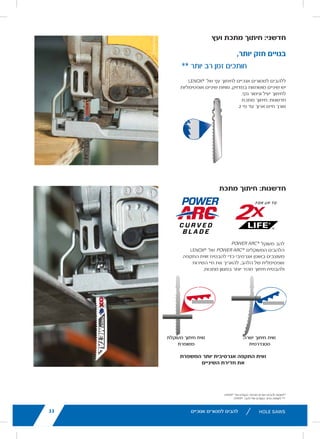 11lenoxtools.eu RECIPROCATING SAW BLADES
LENOX Gold®
POWER ARC™
RECIPROCATING SAW BLADES
Power Arc Curved Design for Superior
Performance in All Applications
POWER ARC CURVED BLADE
Delivers up to 2X longer life vs. traditional straight LENOX®
reciprocating saw blades
AGGRESSIVE BLADE DESIGN
Optimises the blade’s angle of attack for faster cutting in
a variety of materials
EXTENDED BLADE LIFE
T2™ Technology and precision applied titanium coating
help dissipate heat making blades last longer
FASTER CUTS
Titanium coating makes teeth more wear-resistant
so they stay sharp for quicker cuts
1
Blades do not feature Power Arc technology.
* vs traditional straight LENOX®
Reciprocating Saw Blades
** Items can only be ordered in minimum order unit or multiples of it
ITEM NO. DESCRIPTION EAN
MASTER
PACK
ORDER UNIT
= PACK**
MIN. ORDER QTY
BLADES/PACK
APPLICATION
EXTREMEMETALCUTTING
210926108GR 6108G 152 x 25 x 1,1mm 8TPI 82472210927 500 1 5
210969108GR 9108G 229 x 25 x 1,1mm 8TPI 82472210965 250 1 5
210936110GR 6110G 152 x 25 x 1,1mm 10TPI 82472210934 500 1 5
210979110GR 9110G 229 x 25 x 1,1mm 10TPI 82472210972 250 1 5
2110012110GR 12110G 305 x 25 x 1,1mm 10TPI 82472211009 250 1 5
210946114GR 6114G 152 x 25 x 1,1mm 14TPI 82472210941 500 1 5
210989114GR 9114G 229 x 25 x 1,1mm 14TPI 82472210989 250 1 5
2110112114GR 12114G 305 x 25 x 1,1mm 14TPI 82472211016 250 1 5
210956118GR 6118G 152 x 25 x 1,1mm 18TPI 82472210958 500 1 5
210999118GR 9118G 229 x 25 x 1,1mm 18TPI 82472210996 250 1 5
2110212118GR 12118G 305 x 25 x 1,1mm 18TPI 82472211023 250 1 5
DEMOLITION
210886066GR1
6066G 152 x 22 x 1,6mm 6TPI 82472210880 500 1 5
21090966GR 966G 229 x 22 x 1,6mm 6TPI 82472210903 250 1 5
21091106GR 106G 305 x 22 x 1,6mm 6TPI 82472210910 250 1 5
21089960GR 960G 229 x 22 x 1,6mm 10TPI 82472210897 250 1 5
METAL
21064610GR 610G 152 x 19 x 0,9mm 10TPI 82472210644 500 1 5
21065810GR 810G 203 x 19 x 1,3mm 10TPI 82472210651 250 1 5
21066414GR1
414G 102 x 19 x 0,9mm 14TPI 82472210668 500 1 5
21067614GR 614G 152 x 19 x 0,9mm 14TPI 82472210675 500 1 5
21068418GR1
418G 102 x 19 x 0,9mm 18TPI 82472210682 500 1 5
21069618GR 618G 152 x 19 x 0,9mm 18TPI 82472210699 500 1 5
21070818GR 818G 203 x 19 x 0,9mm 18TPI 82472210705 250 1 5
21071424GR1
424G 102 x 19 x 0,9mm 24TPI 82472210712 500 1 5
21072624GR 624G 152 x 19 x 0,9mm 24TPI 82472210729 500 1 5
21073824GR 824G 203 x 19 x 0,9mm 24TPI 82472210736 250 1 5
WOOD
21060656GR 656G 152 x 19 x 1,3mm 6TPI 82472201606 500 1 5
21062956GR 956G 229 x 19 x 1,3mm 6TPI 82472201620 250 1 5
21061156GR 156G 305 x 19 x 1,3mm 6TPI 82472201613 250 1 5
LX_12723603_2018_EN_Catalogue_NEW.indd 11 16/11/2017 13:47
33
MASTER
PACK
MIN.
ORDER QTY
50 1
50 1
50 1
40 1
50 1
MASTER
PACK
MIN.
ORDER QTY
50 1
50 1
40 1
16/11/2017 13:48
lenoxtools.eu
1
HOLE SAWS
SPEED SLOT®
staircase for
fast, easy plug removal
SPEED SLOT®
HOLE SAWS WITH
50% Longer Life. 2X More Durable.*
IMPROVED METAL CUTTING PERFORMANCE
Increased wall thickness improves durability and minimize
Optimized tooth design penetrates metal with ease
FAST, EFFICIENT CUTTING IN WOOD
Larger, sharper teeth remove more wood for fast cutting
EASY PLUG REMOVAL
SPEED SLOT staircase design for fast, easy plug ejection
*vs. Prior LENOX Generation
LX_12723603_2018_EN_Catalogue_NEW.indd 21
‫אנוכיים‬ ‫למסורים‬ ‫להבים‬
33
es
‫ועץ‬ ‫מתכת‬ ‫חיתוך‬ :‫חדשני‬
,‫יותר‬ ‫חזק‬ ‫בנויים‬
** ‫יותר‬ ‫רב‬ ‫זמן‬ ‫חותכים‬
32
** vs. prior generation LENOX®
blades
LENOX®
Jig Saw Blades with POWER BLAST
TECHNOLOGY ™ undergo a surface enhancement
treatment created by high speed blasting along the
tang, which strengthens the blade to reduce breaks
and increase durability. LENOX®
Jig Saw Blades
with POWER BLASTTECHNOLOGY ™ are available
for metal and wood applications.
INNOVATION: METAL AND WOOD CUTT
DIMPLE
COMPRESSIO
STRETCHED SUR
‫של‬ ‫עץ‬ ‫לחיתוך‬ ‫אנכיים‬ ‫למסורים‬ ‫ללהבים‬
‫אופטימליות‬ ‫שיניים‬ ‫וזוויות‬ ,‫במדויק‬ ‫מושחזות‬ ‫שיניים‬ ‫יש‬
.‫נקי‬ ‫וגימור‬ ‫יעיל‬ ‫לחיתוך‬
‫מתכת‬ ‫חיתוך‬ :‫חדשנות‬
2 ‫פי‬ ‫עד‬ ‫ארוך‬ ‫חיים‬ ‫אורך‬
‫מתכת‬ ‫חיתוך‬ :‫חדשנות‬
lenoxtools.eu JIG SAW BLADES
INNOVATION: METAL CUTTING
LENOX®
POWER ARC ®
Curved Blades feature
an aggressive design that optimises the blade’s
angle of attack for longer life and faster cutting
in a variety of metals.
MORE AGGRESSIVE ANGLE OF ATTACK
INCREASES TOOTH ENGAGEMENT
* vs. prior generation LENOX®
straight blades ** vs. prior generation LENOX®
bla
INNOVATION: WOOD CUTTING
LENOX®
Wood Cutting Jig Saw Blades
feature precision ground teeth with
optimised tooth angles for efficient
cutting and a clean finish.
STANDARD
STRAIGHT CUTTING ANGLE
IMPROVED
CURVED CUTTING ANGL
‫מעוקל‬ ‫להב‬
LENOX®
Jig Saw Blades with POWER BLAST
TECHNOLOGY ™ undergo a surface enhancement
treatment created by high speed blasting along the
tang, which strengthens the blade to reduce breaks
and increase durability. LENOX®
Jig Saw Blades
with POWER BLASTTECHNOLOGY ™ are available
for metal and wood applications.
INNOVATION: METAL AND WOOD CUT
DIMPLE
STRETCHED SU
‫של‬
lenoxtools.eu JIG SAW BLADES
INNOVATION: METAL CUTTING
LENOX®
POWER ARC ®
Curved Blades feature
an aggressive design that optimises the blade’s
angle of attack for longer life and faster cutting
in a variety of metals.
MORE AGGRESSIVE ANGLE OF ATTACK
INCREASES TOOTH ENGAGEMENT
* vs. prior generation LENOX®
straight blades ** vs. prior generation LENOX®
blades
INNOVATION: WOOD CUTTING
LENOX®
Wood Cutting Jig Saw Blades
feature precision ground teeth with
optimised tooth angles for efficient
cutting and a clean finish.
STANDARD
STRAIGHT CUTTING ANGLE
IMPROVED
CURVED CUTTING ANGLE
‫המעוקלים‬ ‫הלהבים‬
‫התקפה‬ ‫זווית‬ ‫להבטיח‬ ‫כדי‬ ‫אגרסיבי‬ ‫באופן‬ ‫מעוצבים‬
‫השירות‬ ‫חיי‬ ‫את‬ ‫להאריך‬ ,‫הלהב‬ ‫של‬ ‫אופטימלית‬
.‫מתכות‬ ‫במגוון‬ ‫יותר‬ ‫מהיר‬ ‫חיתוך‬ ‫ולהבטיח‬
lenoxtools.eu JIG SAW BLADES
INNOVATION: METAL CUTTING
LENOX®
POWER ARC ®
Curved Blades feature
an aggressive design that optimises the blade’s
angle of attack for longer life and faster cutting
in a variety of metals.
MORE AGGRESSIVE ANGLE OF ATTACK
INCREASES TOOTH ENGAGEMENT
* vs. prior generation LENOX®
straight blades ** vs. prior generation LENOX®
blades
INNOVATION: WOOD CUTTING
LENOX®
Wood Cutting Jig Saw Blades
feature precision ground teeth with
optimised tooth angles for efficient
cutting and a clean finish.
STANDARD
STRAIGHT CUTTING ANGLE
IMPROVED
CURVED CUTTING ANGLE
LENOX®
Jig Saw Blades with POWER BLAST
TECHNOLOGY ™ undergo a surface enhancement
treatment created by high speed blasting along the
tang, which strengthens the blade to reduce breaks
and increase durability. LENOX®
Jig Saw Blades
with POWER BLASTTECHNOLOGY ™ are available
for metal and wood applications.
STANDARD
JIG SAW BLADE
INNOVATION: METAL AND WOOD CUTTING
‫של‬ ‫הקודם‬ ‫מהדור‬ ‫ישרים‬ ‫להבים‬ ‫*לעומת‬
LENOX®
Jig Saw Blades with POWER BLAST
TECHNOLOGY ™ undergo a surface enhancement
treatment created by high speed blasting along the
tang, which strengthens the blade to reduce breaks
and increase durability. LENOX®
Jig Saw Blades
with POWER BLASTTECHNOLOGY ™ are available
for metal and wood applications.
STAND
JIG SAW
INNOVATION: METAL AND WOOD CUTTING
‫להבי‬ ‫של‬ ‫הקודם‬ ‫הדור‬ ‫לעומת‬ **
lenoxtools.eu JIG SAW BLADES
INNOVATION: METAL CUTTING
LENOX®
POWER ARC ®
Curved Blades feature
an aggressive design that optimises the blade’s
angle of attack for longer life and faster cutting
in a variety of metals.
MORE AGGRESSIVE ANGLE OF ATTACK
INCREASES TOOTH ENGAGEMENT
* vs. prior generation LENOX®
straight blades ** vs. prior generation LENOX®
blades
INNOVATION: WOOD CUTTING
LENOX®
Wood Cutting Jig Saw Blades
feature precision ground teeth with
optimised tooth angles for efficient
cutting and a clean finish.
STANDARD
STRAIGHT CUTTING ANGLE
IMPROVED
CURVED CUTTING ANGLE
‫המשפרת‬ ‫יותר‬ ‫אגרסיבית‬ ‫התקפה‬ ‫זווית‬
‫השיניים‬ ‫חדירת‬ ‫את‬
lenoxtools.eu JIG SAW BLADES
INNOVATION: METAL CUTTING
LENOX®
POWER ARC ®
Curved Blades feature
an aggressive design that optimises the blade’s
angle of attack for longer life and faster cutting
in a variety of metals.
MORE AGGRESSIVE ANGLE OF ATTACK
INCREASES TOOTH ENGAGEMENT
* vs. prior generation LENOX®
straight blades ** vs. prior generation LENOX®
blades
INNOVATION: WOOD CUTTING
LENOX®
Wood Cutting Jig Saw Blades
feature precision ground teeth with
optimised tooth angles for efficient
cutting and a clean finish.
STANDARD
STRAIGHT CUTTING ANGLE
IMPROVED
CURVED CUTTING ANGLE
‫ישרה‬ ‫חיתוך‬ ‫זווית‬
‫סטנדרטית‬
‫מעוקלת‬ ‫חיתוך‬ ‫זווית‬
‫משופרת‬
33
 