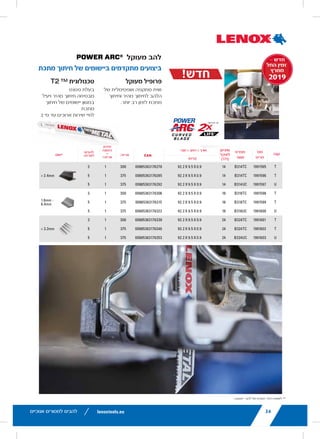 lenoxtools.eu12 RECIPROCATING SAW BLADES
LAZER®
RECIPROCATING SAW BLADES
Best for Heavy Metal Cutting
POWER BLAST TECHNOLOGY™ INCREASES BLADE LIFE
High speed blasting along the cutting edge strengthens
the blade to reduce breaks and increase durability
STRAIGHTER CUTS IN LARGE DIAMETER MATERIALS
Taller blade profile delivers straighter cuts and longer life
in the most demanding metal cutting applications
ITEM NO. TPI
LENGTH x WIDTH x THICKNESS
EAN
MASTER
PACK
ORDER UNIT
= PACK*
MIN. ORDER QTY
BLADES/PACK
APPLICATION
in mm
THICKMETAL
201706110R 10 6 x 1 x .042 152 x 25 x 1.07 82472201703 375 1 5 Structural
Steels and All Metals
5-13mm201769110R 10 9 x 1 x .042 229 x 25 x 1.07 82472201765 225 1 5
2018212110R 10 12 x 1 x .042 305 x 25 x 1.07 82472201826 225 1 5
THICK&MEDIUM
METAL
201726114R 14 6 x 1 x .035 152 x 25 x 0.9 82472201727 375 1 5 Structural
Steels and All Metals
2-10mm201789114R 14 9 x 1 x .035 229 x 25 x 0.9 82472201789 225 1 5
2018412114R 14 12 x 1 x .042 305 x 25 x 1.07 82472201840 225 1 5
20185B12114R 14 12 x 1 x .042 305 x 25 x 1.07 82472201857 250 1 25
MEDIUM
METAL
201746118R 18 6 x 1 x .035 152 x 25 x 0.9 82472201741 375 1 5 Structural
Steels and All Metals
2-6mm201809118R 18 9 x 1 x .035 229 x 25 x 0.9 82472201802 225 1 5
2019012118R 18 12 x 1 x .042 305 x 25 x 1.07 82472201901 225 1 5
*Items can only be ordered in minimum order unit or multiples of it
DEMOLITION RECIPROCATING SAW BLADES
Best Blade for Demolition Applications
POWER BLAST TECHNOLOGY™ INCREASES BLADE LIFE
High speed blasting along the cutting edge strengthens the
blade to reduce breaks and increase durability
MAXIMUM DURABILITY
Taller and thicker blade profile prevents bending during
cutting and provides maximum control in the toughest
demolition applications
ITEM NO. TPI
LENGTH x WIDTH x THICKNESS
EAN
MASTER
PACK
ORDER UNIT
= PACK*
MIN. ORDER QTY
BLADES/PACK
APPLICATION
in mm
DEMOLITION
20598966R 6 9 x 1 x .062 229 x 22 x 1.6 82472205985 180 1 2
20500106R 6 12 x 1 x .062 305 x 22 x 1.6 82472205008 180 1 2
20523B966R 6 9 x 1 x .062 229 x 22 x 1.6 82472205237 200 1 25
20597960R 10 9 x 1 x .062 229 x 22 x 1.6 82472205978 180 1 2
20372960R5 10 9 x 1 x .062 229 x 22 x 1.6 82472203721 225 1 5
20524B960R 10 9 x 1 x .062 229 x 22 x 1.6 82472205244 200 1 25
LX_12723603_2018_EN_Catalogue_NEW.indd 12 16/11/2017 13:47
lenoxtools.euHOLE SAWS
TAINLESS
STEEL
DRYWALL /
PLASTER
CAST
IRON
CEMENT
BOARD
ABRASIVES
TILE &
GRANITE
BIDE TIPPED LENOX® DIAMOND™
CARBIDE
TIPPED
—
— BI-METAL —
CARBIDE
TIPPED
16/11/2017 13:47
34
LENOX PROTOOL
Extends Tool Life
A UNIQUE SYNTHETIC EMULS
For cutting, milling, reaming, ta
SHORTENS CUTTING TIME BY
Provides smoother, cleaner cu
REDUCES HEAT AND FRICTIO
Water-soluble so it cleans up w
BIODEGRADABLE AND NON-T
EASY TO USE, FLIP-TOP BOTT
PROD NO CONTAINER S
1988867 0.2
1988868 5
Use this product as it comes from the co
LX_12723603_2018_EN_Catalogue_NEW.indd 34
‫אנוכיים‬ ‫למסורים‬ ‫להבים‬ 22
RECOMMENDED HOLE SAW
BI-METAL
DIAMETER MILD
STEEL
TOOL /
STAINLESS
STEEL
CAST
IRON
BRAS
in mm
9L 14mm 580 300 400 790
10L 16mm 550 275 365 730
11L 17mm 500 250 330 665
12L 19mm 460 230 300 600
20L 20mm 425 210 280 560
13L 21mm 425 210 280 560
14L 22mm 390 195 260 520
15L 24mm 370 185 245 495
16L 25mm 350 175 235 470
17L 27mm 325 160 215 435
18L 29mm 300 150 200 400
19L 30mm 285 145 190 380
20L 32mm 275 140 180 360
21L 33mm 260 135 175 345
22L 35mm 250 125 165 330
23L 37mm 240 120 160 315
24L 38mm 230 115 150 300
25L 40mm 220 110 145 290
26L 41mm 210 105 140 280
27L 43mm 205 100 135 270
28L 44mm 195 95 130 250
29L 46mm 190 95 125 250
30L 48mm 180 90 120 240
32L 51mm 170 85 115 230
33L 52mm 165 80 110 220
34L 54mm 160 80 105 210
35L 56mm 285 145 190 380
36L 57mm 150 75 100 200
38L 60mm 140 70 95 190
39L 62mm 135 65 90 180
40L 64mm 135 65 90 180
41L 65mm 130 65 85 175
42L 67mm 130 65 85 170
43L 68mm 125 60 80 160
44L 70mm 125 60 80 160
46L 73mm 120 60 80 160
48L 76mm 115 55 75 150
50L 79mm 110 55 70 140
52L 83mm 105 50 70 140
54L 86mm 100 50 65 130
56L 89mm 95 45 65 130
58L 92mm 95 45 60 120
60L 95mm 90 45 60 120
62L 98mm 85 40 55 110
64L 102mm 85 40 55 110
66L 105mm 80 40 55 110
68L 108mm 80 40 55 110
70L 111mm 75 35 50 100
72L 114mm 75 35 50 100
74L 118mm 75 35 50 100
76L 121mm 70 35 45 90
80L 127mm 70 35 45 90
83L 133mm 105 50 70 140
88L 140mm 65 30 40 85
92L 146mm 95 45 60 120
96L 152mm 65 30 40 85
**106L 168mm 65 30 40 85
**112L 177mm 65 30 40 85
**132L 210mm 65 30 40 85
**T1 bi-metal hole saw design
LX_12723603_2018_EN_Catalogue_NEW.indd 22
!‫חדש‬
lenoxtools.eu34 JIG SAW BLADES
SHANK
ITEM
NO.
PRODUCT
SPECIFICATION
TPI
LENGTH X WIDTH X THICKNESS
EAN
MASTER
PACK
ORDER
UNIT
= PACK
BLADES
PER PACK
APPLICATION
MM
T  1991595 B314TC  14  92.2 X 9.5 X 0.9  00885363176278 300 1 3
> 2.4mm T  1991596 B314TC  14  92.2 X 9.5 X 0.9  00885363176285 375 1 5
U  1991597 B314UC  14  92.2 X 9.5 X 0.9  00885363176292 375 1 5
T  1991598 B318TC  18  92.2 X 9.5 X 0.9  00885363176308 300 1 3
1.6mm -
6.4mm T  1991599 B318TC  18  92.2 X 9.5 X 0.9  00885363176315 375 1 5
U  1991600 B318UC  18  92.2 X 9.5 X 0.9  00885363176322 375 1 5
T  1991601 B324TC  24  92.2 X 9.5 X 0.9  00885363176339 300 1 3
< 3.2mm T  1991602 B324TC  24  92.2 X 9.5 X 0.9  00885363176346 375 1 5
U  1991603 B324UC  24  92.2 X 9.5 X 0.9  00885363176353 375 1 5
LENOX® POWER ARC® CURVED
METAL CUTTING JIG SAW BLADES
Advanced Performance in Metal Cutting Applications
CURVED PROFILE
Optimises the blade’s angle of attack for fast
cutting and longer life cutting metal.
PATENTED T2™ TECHNOLOGY
Provides fast, efficient cutting in a range
of metal cutting applications.
AVAILABLE
FROM MARCH
2019NEW
*vs. prior generation LENOX®
straight blades
lenoxtools.eu34 JIG SAW BLADES
SHANK
ITEM
NO.
PRODUCT
SPECIFICATION
TPI
LENGTH X WIDTH X THICKNESS
EAN
MASTER
PACK
ORDER
UNIT
= PACK
BLADES
PER PACK
APPLICATION
MM
T  1991595 B314TC  14  92.2 X 9.5 X 0.9  00885363176278 300 1 3
> 2.4mm T  1991596 B314TC  14  92.2 X 9.5 X 0.9  00885363176285 375 1 5
U  1991597 B314UC  14  92.2 X 9.5 X 0.9  00885363176292 375 1 5
T  1991598 B318TC  18  92.2 X 9.5 X 0.9  00885363176308 300 1 3
1.6mm -
6.4mm 
T  1991599 B318TC  18  92.2 X 9.5 X 0.9  00885363176315 375 1 5
U  1991600 B318UC  18  92.2 X 9.5 X 0.9  00885363176322 375 1 5
T  1991601 B324TC  24  92.2 X 9.5 X 0.9  00885363176339 300 1 3
< 3.2mm T  1991602 B324TC  24  92.2 X 9.5 X 0.9  00885363176346 375 1 5
U  1991603 B324UC  24  92.2 X 9.5 X 0.9  00885363176353 375 1 5
LENOX® POWER ARC® CURVED
METAL CUTTING JIG SAW BLADES
Advanced Performance in Metal Cutting Applications
CURVED PROFILE
Optimises the blade’s angle of attack for fast
cutting and longer life cutting metal.
PATENTED T2™ TECHNOLOGY
Provides fast, efficient cutting in a range
of metal cutting applications.
AVAILABLE
FROM MARCH
2019NEW
*vs. prior generation LENOX®
straight blades
‫מעוקל‬ ‫להב‬
‫מתכת‬ ‫חיתוך‬ ‫של‬ ‫ביישומים‬ ‫מתקדמים‬ ‫ביצועים‬
– ‫חדש‬
‫החל‬ ‫זמין‬
‫ממרץ‬
2019
lenoxtools.eu34 JIG SAW BLADES
SHANK
ITEM
NO.
PRODUCT
SPECIFICATION
TPI
LENGTH X WIDTH X THICKNESS
EAN
MASTER
PACK
ORDER
UNIT
= PACK
BLADES
PER PACK
APPLICATION
MM
T  1991595 B314TC  14  92.2 X 9.5 X 0.9  00885363176278 300 1 3
> 2.4mm T  1991596 B314TC  14  92.2 X 9.5 X 0.9  00885363176285 375 1 5
U  1991597 B314UC  14  92.2 X 9.5 X 0.9  00885363176292 375 1 5
T  1991598 B318TC  18  92.2 X 9.5 X 0.9  00885363176308 300 1 3
1.6mm -
6.4mm 
T  1991599 B318TC  18  92.2 X 9.5 X 0.9  00885363176315 375 1 5
U  1991600 B318UC  18  92.2 X 9.5 X 0.9  00885363176322 375 1 5
T  1991601 B324TC  24  92.2 X 9.5 X 0.9  00885363176339 300 1 3
< 3.2mm T  1991602 B324TC  24  92.2 X 9.5 X 0.9  00885363176346 375 1 5
U  1991603 B324UC  24  92.2 X 9.5 X 0.9  00885363176353 375 1 5
LENOX® POWER ARC® CURVED
METAL CUTTING JIG SAW BLADES
Advanced Performance in Metal Cutting Applications
CURVED PROFILE
Optimises the blade’s angle of attack for fast
cutting and longer life cutting metal.
PATENTED T2™ TECHNOLOGY
Provides fast, efficient cutting in a range
of metal cutting applications.
AVAILABLE
FROM MARCH
2019NEW
*vs. prior generation LENOX®
straight blades
‫מעוקל‬ ‫פרופיל‬
‫של‬ ‫אופטימלית‬ ‫מתקפה‬ ‫זווית‬
‫וחיתוך‬ ‫מהיר‬ ‫לחיתוך‬ ‫הלהב‬
.‫יותר‬ ‫רב‬ ‫לזמן‬ ‫מתכת‬
T2 TM ‫טכנולוגית‬
‫פטנט‬ ‫בעלת‬
‫ויעיל‬ ‫מהיר‬ ‫חיתוך‬ ‫מבטיחה‬
‫חיתוך‬ ‫של‬ ‫יישומים‬ ‫במגוון‬
‫מתכת‬
2 ‫פי‬ ‫עד‬ ‫ארוכים‬ ‫שירות‬ ‫לחיי‬
LENOX®
Jig Saw Blades with POWER BLAST
TECHNOLOGY ™ undergo a surface enhancement
treatment created by high speed blasting along the
tang, which strengthens the blade to reduce breaks
and increase durability. LENOX®
Jig Saw Blades
with POWER BLASTTECHNOLOGY ™ are available
for metal and wood applications.
STAN
JIG SAW
INNOVATION: METAL AND WOOD CUTTING
‫להבי‬ ‫של‬ ‫הקודם‬ ‫הדור‬ ‫לעומת‬ **
‫קנה‬'‫מס‬
‫פריט‬
‫מפרט‬
‫מוצר‬
‫שיניים‬
'‫לאינץ‬
)TPI(
‫עובי‬ X ‫רוחב‬ X ‫אורך‬
)‫(מ"מ‬
‫אריזה‬‫יישום‬
‫יחידת‬
‫הזמנה‬
=
*‫אריזה‬
‫להבים‬
‫לאריזה‬
34
 
