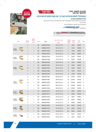 11lenoxtools.eu RECIPROCATING SAW BLADES
LENOX Gold®
POWER ARC™
RECIPROCATING SAW BLADES
Power Arc Curved Design for Superior
Performance in All Applications
POWER ARC CURVED BLADE
Delivers up to 2X longer life vs. traditional straight LENOX®
reciprocating saw blades
AGGRESSIVE BLADE DESIGN
Optimises the blade’s angle of attack for faster cutting in
a variety of materials
EXTENDED BLADE LIFE
T2™ Technology and precision applied titanium coating
help dissipate heat making blades last longer
FASTER CUTS
Titanium coating makes teeth more wear-resistant
so they stay sharp for quicker cuts
1
Blades do not feature Power Arc technology.
* vs traditional straight LENOX®
Reciprocating Saw Blades
** Items can only be ordered in minimum order unit or multiples of it
ITEM NO. DESCRIPTION EAN
MASTER
PACK
ORDER UNIT
= PACK**
MIN. ORDER QTY
BLADES/PACK
APPLICATION
EXTREMEMETALCUTTING
210926108GR 6108G 152 x 25 x 1,1mm 8TPI 82472210927 500 1 5
210969108GR 9108G 229 x 25 x 1,1mm 8TPI 82472210965 250 1 5
210936110GR 6110G 152 x 25 x 1,1mm 10TPI 82472210934 500 1 5
210979110GR 9110G 229 x 25 x 1,1mm 10TPI 82472210972 250 1 5
2110012110GR 12110G 305 x 25 x 1,1mm 10TPI 82472211009 250 1 5
210946114GR 6114G 152 x 25 x 1,1mm 14TPI 82472210941 500 1 5
210989114GR 9114G 229 x 25 x 1,1mm 14TPI 82472210989 250 1 5
2110112114GR 12114G 305 x 25 x 1,1mm 14TPI 82472211016 250 1 5
210956118GR 6118G 152 x 25 x 1,1mm 18TPI 82472210958 500 1 5
210999118GR 9118G 229 x 25 x 1,1mm 18TPI 82472210996 250 1 5
2110212118GR 12118G 305 x 25 x 1,1mm 18TPI 82472211023 250 1 5
DEMOLITION
210886066GR1
6066G 152 x 22 x 1,6mm 6TPI 82472210880 500 1 5
21090966GR 966G 229 x 22 x 1,6mm 6TPI 82472210903 250 1 5
21091106GR 106G 305 x 22 x 1,6mm 6TPI 82472210910 250 1 5
21089960GR 960G 229 x 22 x 1,6mm 10TPI 82472210897 250 1 5
METAL
21064610GR 610G 152 x 19 x 0,9mm 10TPI 82472210644 500 1 5
21065810GR 810G 203 x 19 x 1,3mm 10TPI 82472210651 250 1 5
21066414GR1
414G 102 x 19 x 0,9mm 14TPI 82472210668 500 1 5
21067614GR 614G 152 x 19 x 0,9mm 14TPI 82472210675 500 1 5
21068418GR1
418G 102 x 19 x 0,9mm 18TPI 82472210682 500 1 5
21069618GR 618G 152 x 19 x 0,9mm 18TPI 82472210699 500 1 5
21070818GR 818G 203 x 19 x 0,9mm 18TPI 82472210705 250 1 5
21071424GR1
424G 102 x 19 x 0,9mm 24TPI 82472210712 500 1 5
21072624GR 624G 152 x 19 x 0,9mm 24TPI 82472210729 500 1 5
21073824GR 824G 203 x 19 x 0,9mm 24TPI 82472210736 250 1 5
WOOD
21060656GR 656G 152 x 19 x 1,3mm 6TPI 82472201606 500 1 5
21062956GR 956G 229 x 19 x 1,3mm 6TPI 82472201620 250 1 5
21061156GR 156G 305 x 19 x 1,3mm 6TPI 82472201613 250 1 5
LX_12723603_2018_EN_Catalogue_NEW.indd 11 16/11/2017 13:47
37
MIN. ORDER QTY
BLADES/PK*
100
100
100
10
10
10
10
16/11/2017 13:48
lenoxtools.eu
1
HOLE SAWS
SPEED SLOT®
staircase for
fast, easy plug removal
SPEED SLOT®
HOLE SAWS WITH
50% Longer Life. 2X More Durable.*
IMPROVED METAL CUTTING PERFORMANCE
Increased wall thickness improves durability and minimize
Optimized tooth design penetrates metal with ease
FAST, EFFICIENT CUTTING IN WOOD
Larger, sharper teeth remove more wood for fast cutting
EASY PLUG REMOVAL
SPEED SLOT staircase design for fast, easy plug ejection
*vs. Prior LENOX Generation
LX_12723603_2018_EN_Catalogue_NEW.indd 21
‫אנוכיים‬ ‫למסורים‬ ‫להבים‬
‫אנכי‬ ‫למסור‬ ‫להבים‬
‫נקי‬ ‫עץ‬ ‫לחיתוך‬
‫מורכבים‬ ‫וחומרים‬ ‫קשה‬ ‫עץ‬ ,‫רך‬ ‫בעץ‬ ‫נקיים‬ ‫לחתכים‬ ‫אופטימלי‬
‫במדויק‬ ‫מושחזות‬ ‫שיניים‬
‫העץ‬ ‫שריפת‬ ‫בפני‬ ‫ועמידות‬ ‫נקי‬ ‫גימור‬ ‫המבטיחה‬ ‫אופטימלית‬ ‫שיניים‬ ‫זווית‬
‫צר‬ ‫פרופיל‬
‫צרים‬ ‫בעיקולים‬ ‫לחיתוך‬ ‫מרווח‬ ‫מספק‬
35lenoxtools.eu JIG SAW BLADES
AVAILAB
FROM MA
201NEWMETAL CUTTING JIG SAW BLADES
Optimised for Metal Cutting Applications
PATENTED T2™ TECHNOLOGY
Provides fast, efficient cutting in a range
of metal cutting applications.
SHANK
ITEM
NO.
PRODUCT
SPECIFICATION TPI
LENGTH X WIDTH X THICKNESS
EAN
MASTER
PACK
ORDER
UNIT
= PACK
BLADES
PER PACK
APPLICATION
MM
T  1991592 B408T  8  101.6 X 9.5 X 1.3  00885363176254 375 1 5
4.8mm -
15.9mm 
U  1991593 B408U  8  101.6 X 9.5 X 1.3  00885363176261 300 1 3
T  1991559 B314T  14  92.2 X 9.5 X 0.9  00885363175936 300 1 3
> 2.4mm 
T  1991560 B314T  14  92.2 X 9.5 X 0.9  00885363175943 375 1 5
T  1991561 B314T  14  92.2 X 9.5 X 0.9  00885363175950 1575 1 25
U  1991562 B314U  14  92.2 X 9.5 X 0.9  00885363176056 200 1 2
U  1991563 B314U  14  92.2 X 9.5 X 0.9  00885363176063 300 1 3
U  1991564 B314U  14  92.2 X 9.5 X 0.9  00885363176070 375 1 5
T  1991580 B514T  14  133.4 X 9.5 X 0.9  00885363176230 225 1 3 > 2.4mm
Metal
≤76.2mm 
PipeT  1991591 B514T  14  133.4 X 9.5 X 0.9  00885363176247 300 1 5
T  1991565 B318T  18  92.2 X 9.5 X 0.9  00885363176087 300 1 3
1.6mm -
6.4mm
T  1991566 B318T  18  92.2 X 9.5 X 0.9  00885363176094 375 1 5
T  1991567 B318T  18  92.2 X 9.5 X 0.9  00885363176100 1575 1 25
U  1991568 B318U  18  92.2 X 9.5 X 0.9  00885363176117 200 1 2
U  1991569 B318U  18  92.2 X 9.5 X 0.9  00885363176124 300 1 3
U  1991570 B318U  18  92.2 X 9.5 X 0.9  00885363176131 375 1 5
T  1991571 B324T  24  92.2 X 9.5 X 0.9  00885363176148 300 1 3
< 3.2mm 
T  1991572 B324T  24  92.2 X 9.5 X 0.9  00885363176155 375 1 5
T  1991573 B324T  24  92.2 X 9.5 X 0.9  00885363176162 1575 1 25
U  1991574 B324U  24  92.2 X 9.5 X 0.9  00885363176179 200 1 2
U  1991575 B324U  24  92.2 X 9.5 X 0.9  00885363176186 300 1 3
U  1991576 B324U  24  92.2 X 9.5 X 0.9  00885363176193 375 1 5
T  1991604 B524T  24  133.4 X 9.5 X 0.9  00885363176360 225 1 3 < 3.2mm
Metal
≤ 63.5mm 
PipeT  1991605 B524T  24  133.4 X 9.5 X 0.9  00885363176377 300 1 5
T  1991577 B332T  32  92.2 X 9.5 X 0.9  00885363176209 300 1 3
< 1.6mm T  1991578 B332T  32  92.2 X 9.5 X 0.9  00885363176216 375 1 5
U  1991579 B332U  32  92.2 X 9.5 X 0.9  00885363176223 375 1 5
‫טכנולוגית‬
!‫חדש‬
37
Composite
ASTER
PACK
ORDER
UNIT
= PACK
BLADES
PER PACK
APPLICATION
300 1 3
9.5mm -
44.5mm
SOFTWOOD375 1 5
300 1 3
375 1 5
300 1 3
4.8mm -
57.2mm
SOFTWOOD
300 1 5
300 1 3
4.8mm -
31.8mm
SOFTWOOD
375 1 5
1575 1 25
300 1 3
375 1 5
300 1 3
1.6mm -
19.1mm
375 1 5
1575 1 25
300 1 3
375 1 5
375 1 5
9.5mm -
44.5mm
HARDWOOD
375 1 5
300 1 3
4.8mm -
31.8mm
HARDWOOD
375 1 5
375 1 5
300 1 3
3.2mm -
57.2mm
GENERAL
WOOD
300 1 5
300 1 5
300 1 3
3.2mm -
38.1mm
375 1 5
AVAILABLE
FROM MARCH
2019NEW
SOFTWOOD
lenoxtools.eu JIG SAW BLADES
CLEAN WOOD CUTTING
JIG SAW BLADES
Optimised for Clean Cuts in Soft Wood, Hard Wood, a
PRECISION GROUND TEETH
With optimised tooth angles provide a clean finish and resist burning.
NARROW PROFILE
Provides clearance to cut tight curves.
SHANK
ITEM
NO.
PRODUCT
SPECIFICATION
TPI
LENGTH X WIDTH X THICKNESS
EAN
MM
T  1990847 C456T  6  101.6 X 7.9 X 1.5  008853631747
T  1990848 C456T  6  101.6 X 7.9 X 1.5  008853631747
U  1990849 C456U  6  101.6 X 7.9 X 1.5  008853631748
U  1990850 C456U  6  101.6 X 7.9 X 1.5  008853631748
T  1991497 C458TL  8  117.6 X 7.9 X 1.5  008853631754
T  1991498 C458TL  8  117.6 X 7.9 X 1.5  008853631756
T  1990964 C450T  10  101.6 X 7.9 X 1.5  008853631748
T  1990965 C450T  10  101.6 X 7.9 X 1.5  008853631748
T  1991381 C450T  10  101.6 X 7.9 X 1.5  008853631748
U  1991382 C450U  10  101.6 X 7.9 X 1.5  008853631748
U  1991383 C450U  10  101.6 X 7.9 X 1.5  008853631748
T  1991401 C320TS†
  20  88.9 X 5.6 X 1.5  008853631749
T  1991402 C320TS†
  20  88.9 X 5.6 X 1.5  008853631749
T  1991403 C320TS†
  20  88.9 X 5.6 X 1.5  008853631750
U  1991404 C320US†
  20  88.9 X 5.6 X 1.5  008853631750
U  1991405 C320US†
  20  88.9 X 5.6 X 1.5  008853631750
T  1990703 B456T 6  101.6 X 7.9 X 1.5  008853631747
U  1990846 B456U 6  101.6 X 7.9 X 1.5  008853631747
T  1990961 B450T  10  101.6 X 7.9 X 1.5  008853631748
T  1990962 B450T  10  101.6 X 7.9 X 1.5  008853631748
U  1990963 B450U  10  101.6 X 7.9 X 1.5  008853631748
T  1991478 B482T  8/12  114.3 X 9.5 X 1.5  008853631753
T  1991479 B482T  8/12  114.3 X 9.5 X 1.5  008853631753
U  1991480 B482U  8/12  114.3 X 9.5 X 1.5  008853631753
T  1991614 B412T  12  101.6 X 7.9 X 1.5  008853631766
T  1991615 B412T  12  101.6 X 7.9 X 1.5  008853631766
‫קנה‬'‫מס‬
‫פריט‬
‫מפרט‬
‫מוצר‬
‫שיניים‬
'‫לאינץ‬
)TPI(
‫עובי‬ X ‫רוחב‬ X ‫אורך‬
)‫(מ"מ‬
‫אריזה‬‫יישום‬
‫יחידת‬
‫הזמנה‬
=
*‫אריזה‬
‫להבים‬
‫לאריזה‬
37
 