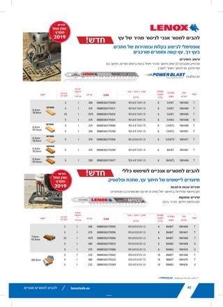 lenoxtools.eu
225 1 3
≤88.9mm300 1 5
225 1 2
AVAILABLE
FROM MARCH
2019
EW
JIG SAW BLADES
AVAILABLE
FROM MARCH
2019EW
ASTER
ACK
ORDER
UNIT
= PACK
BLADES
PER PACK
APPLICATION
300 1 3
6.4mm -
50.8mm
SOFTWOOD
375 1 5
575 1 25
375 1 5
225 1 3
6.4mm -
101.6mm 
SOFTWOOD
300 1 5
375 1 5
6.4mm -
50.8mm 
SOFTWOOD
375 1 5
6.4mm -
50.8mm 
HARDWOOD
300 1 5
6.4mm -
101.6mm 
HARDWOOD
ASTER
ACK
ORDER
UNIT
= PACK
BLADES
PER PACK
APPLICATION
300 1 3
7.9mm -
44.5mm
375 1 5
1575 1 25
300 1 5
375 1 5
lenoxtools.eu12 RECIPROCATING SAW BLADES
LAZER®
RECIPROCATING SAW BLADES
Best for Heavy Metal Cutting
POWER BLAST TECHNOLOGY™ INCREASES BLADE LIFE
High speed blasting along the cutting edge strengthens
the blade to reduce breaks and increase durability
STRAIGHTER CUTS IN LARGE DIAMETER MATERIALS
Taller blade profile delivers straighter cuts and longer life
in the most demanding metal cutting applications
ITEM NO. TPI
LENGTH x WIDTH x THICKNESS
EAN
MASTER
PACK
ORDER UNIT
= PACK*
MIN. ORDER QTY
BLADES/PACK
APPLICATION
in mm
THICKMETAL
201706110R 10 6 x 1 x .042 152 x 25 x 1.07 82472201703 375 1 5 Structural
Steels and All Metals
5-13mm201769110R 10 9 x 1 x .042 229 x 25 x 1.07 82472201765 225 1 5
2018212110R 10 12 x 1 x .042 305 x 25 x 1.07 82472201826 225 1 5
THICK&MEDIUM
METAL
201726114R 14 6 x 1 x .035 152 x 25 x 0.9 82472201727 375 1 5 Structural
Steels and All Metals
2-10mm201789114R 14 9 x 1 x .035 229 x 25 x 0.9 82472201789 225 1 5
2018412114R 14 12 x 1 x .042 305 x 25 x 1.07 82472201840 225 1 5
20185B12114R 14 12 x 1 x .042 305 x 25 x 1.07 82472201857 250 1 25
MEDIUM
METAL
201746118R 18 6 x 1 x .035 152 x 25 x 0.9 82472201741 375 1 5 Structural
Steels and All Metals
2-6mm201809118R 18 9 x 1 x .035 229 x 25 x 0.9 82472201802 225 1 5
2019012118R 18 12 x 1 x .042 305 x 25 x 1.07 82472201901 225 1 5
*Items can only be ordered in minimum order unit or multiples of it
DEMOLITION RECIPROCATING SAW BLADES
Best Blade for Demolition Applications
POWER BLAST TECHNOLOGY™ INCREASES BLADE LIFE
High speed blasting along the cutting edge strengthens the
blade to reduce breaks and increase durability
MAXIMUM DURABILITY
Taller and thicker blade profile prevents bending during
cutting and provides maximum control in the toughest
demolition applications
ITEM NO. TPI
LENGTH x WIDTH x THICKNESS
EAN
MASTER
PACK
ORDER UNIT
= PACK*
MIN. ORDER QTY
BLADES/PACK
APPLICATION
in mm
DEMOLITION
20598966R 6 9 x 1 x .062 229 x 22 x 1.6 82472205985 180 1 2
20500106R 6 12 x 1 x .062 305 x 22 x 1.6 82472205008 180 1 2
20523B966R 6 9 x 1 x .062 229 x 22 x 1.6 82472205237 200 1 25
20597960R 10 9 x 1 x .062 229 x 22 x 1.6 82472205978 180 1 2
20372960R5 10 9 x 1 x .062 229 x 22 x 1.6 82472203721 225 1 5
20524B960R 10 9 x 1 x .062 229 x 22 x 1.6 82472205244 200 1 25
LX_12723603_2018_EN_Catalogue_NEW.indd 12 16/11/2017 13:47
lenoxtools.euHOLE SAWS
RYWALL /
PLASTER
CAST
IRON
CEMENT
BOARD
ABRASIVES
TILE &
GRANITE
LENOX® DIAMOND™
CARBIDE
TIPPED
—
BI-METAL —
CARBIDE
TIPPED
16/11/2017 13:47
40
PERFECT CUTS. STRAIGHT
Serrated stainless steel blad
make a cut, leaving a flush e
COMFORTABLE GRIPS
Rubberised handles allow fo
wet or dirty environments
EASY OPEN & CLOSE
Conveniently positioned lock
one-handed operation of spr
CUTS UP TO 1” NOMINAL
(1-5/16”MAX. OD - 33mm)
FOR ALL TYPES OF PLASTIC
PE & PB TUBING, FLEXIBLE
PERFECT CUTS. STRAIGHT
High carbon steel blade cuts
single cut
COMFORTABLE GRIPS
Rubberised handles allow fo
wet or dirty environments
DURABLE CONSTRUCTION
Cast aluminum body stands
EASY OPEN & CLOSE
Conveniently positioned lock
one-handed operation of spr
CUTS UP TO 1” NOMINAL
(1-5/16" MAX. OD - 33mm)
FOR ALL TYPES OF PLASTIC
PEX, PE & PB TUBING, FLEX
S1 PEX TUBING
Perfect Cuts. Straig
S2 CPVC TUBIN
Durable Constructio
ITEM NO.
10507479 PTC S1 PEX 3
10507484 PTC S1B Rep
ITEM NO. D
10507480 PTC S2 CPVC 33
10507532 PTC S2B Replace
* Items can only be ordered in minim
LX_12723603_2018_EN_Catalogue_NEW.indd 40
lenoxtools.euHOLE SAWS
STAINLESS
STEEL
DRYWALL /
PLASTER
CAST
IRON
CEMENT
BOARD
ABRASIVES
TILE &
GRANITE
ARBIDE TIPPED LENOX® DIAMOND™
CARBIDE
TIPPED
—
— BI-METAL —
CARBIDE
TIPPED
16/11/2017 13:47
‫אנוכיים‬ ‫למסורים‬ ‫להבים‬
‫עץ‬ ‫של‬ ‫מהיר‬ ‫לניסור‬ ‫אנכי‬ ‫למסור‬ ‫להבים‬
‫חתכים‬ ‫של‬ ‫ובמהירות‬ ‫בקלות‬ ‫לביצוע‬ ‫אופטימלי‬
‫מורכבים‬ ‫וחומרים‬ ‫קשה‬ ‫עץ‬ ,‫רך‬ ‫בעץ‬
‫השיניים‬ ‫עיצוב‬
‫גס‬ ‫חיתוך‬ ,‫חורים‬ ‫ביצוע‬ ‫בעת‬ ‫ויעיל‬ ‫מהיר‬ ‫חיתוך‬ ‫לביצוע‬ ‫שבבים‬ ‫מרחיק‬
.‫לאורך‬ ‫חומר‬ ‫חיתוך‬ ‫או‬ ,‫שירותים‬
35lenoxtools.eu JIG SAW BLADES
AVAILA
FROM MA
201NEWMETAL CUTTING JIG SAW BLADES
Optimised for Metal Cutting Applications
PATENTED T2™ TECHNOLOGY
Provides fast, efficient cutting in a range
of metal cutting applications.
SHANK
ITEM
NO.
PRODUCT
SPECIFICATION TPI
LENGTH X WIDTH X THICKNESS
EAN
MASTER
PACK
ORDER
UNIT
= PACK
BLADES
PER PACK
APPLICATION
MM
T  1991592 B408T  8  101.6 X 9.5 X 1.3  00885363176254 375 1 5
4.8mm -
15.9mm 
U  1991593 B408U  8  101.6 X 9.5 X 1.3  00885363176261 300 1 3
T  1991559 B314T  14  92.2 X 9.5 X 0.9  00885363175936 300 1 3
> 2.4mm 
T  1991560 B314T  14  92.2 X 9.5 X 0.9  00885363175943 375 1 5
T  1991561 B314T  14  92.2 X 9.5 X 0.9  00885363175950 1575 1 25
U  1991562 B314U  14  92.2 X 9.5 X 0.9  00885363176056 200 1 2
U  1991563 B314U  14  92.2 X 9.5 X 0.9  00885363176063 300 1 3
U  1991564 B314U  14  92.2 X 9.5 X 0.9  00885363176070 375 1 5
T  1991580 B514T  14  133.4 X 9.5 X 0.9  00885363176230 225 1 3 > 2.4mm
Metal
≤76.2mm 
PipeT  1991591 B514T  14  133.4 X 9.5 X 0.9  00885363176247 300 1 5
T  1991565 B318T  18  92.2 X 9.5 X 0.9  00885363176087 300 1 3
1.6mm -
6.4mm
T  1991566 B318T  18  92.2 X 9.5 X 0.9  00885363176094 375 1 5
T  1991567 B318T  18  92.2 X 9.5 X 0.9  00885363176100 1575 1 25
U  1991568 B318U  18  92.2 X 9.5 X 0.9  00885363176117 200 1 2
U  1991569 B318U  18  92.2 X 9.5 X 0.9  00885363176124 300 1 3
U  1991570 B318U  18  92.2 X 9.5 X 0.9  00885363176131 375 1 5
T  1991571 B324T  24  92.2 X 9.5 X 0.9  00885363176148 300 1 3
< 3.2mm 
T  1991572 B324T  24  92.2 X 9.5 X 0.9  00885363176155 375 1 5
T  1991573 B324T  24  92.2 X 9.5 X 0.9  00885363176162 1575 1 25
U  1991574 B324U  24  92.2 X 9.5 X 0.9  00885363176179 200 1 2
U  1991575 B324U  24  92.2 X 9.5 X 0.9  00885363176186 300 1 3
U  1991576 B324U  24  92.2 X 9.5 X 0.9  00885363176193 375 1 5
T  1991604 B524T  24  133.4 X 9.5 X 0.9  00885363176360 225 1 3 < 3.2mm
Metal
≤ 63.5mm 
PipeT  1991605 B524T  24  133.4 X 9.5 X 0.9  00885363176377 300 1 5
T  1991577 B332T  32  92.2 X 9.5 X 0.9  00885363176209 300 1 3
< 1.6mm T  1991578 B332T  32  92.2 X 9.5 X 0.9  00885363176216 375 1 5
U  1991579 B332U  32  92.2 X 9.5 X 0.9  00885363176223 375 1 5
‫טכנולוגית‬
!‫חדש‬
!‫חדש‬
22
RECOMMENDED HOLE SAW
BI-METAL
DIAMETER MILD
STEEL
TOOL /
STAINLESS
STEEL
CAST
IRON
BRAS
in mm
9L 14mm 580 300 400 790
10L 16mm 550 275 365 730
11L 17mm 500 250 330 665
12L 19mm 460 230 300 600
20L 20mm 425 210 280 560
13L 21mm 425 210 280 560
14L 22mm 390 195 260 520
15L 24mm 370 185 245 495
16L 25mm 350 175 235 470
17L 27mm 325 160 215 435
18L 29mm 300 150 200 400
19L 30mm 285 145 190 380
20L 32mm 275 140 180 360
21L 33mm 260 135 175 345
22L 35mm 250 125 165 330
23L 37mm 240 120 160 315
24L 38mm 230 115 150 300
25L 40mm 220 110 145 290
26L 41mm 210 105 140 280
27L 43mm 205 100 135 270
28L 44mm 195 95 130 250
29L 46mm 190 95 125 250
30L 48mm 180 90 120 240
32L 51mm 170 85 115 230
33L 52mm 165 80 110 220
34L 54mm 160 80 105 210
35L 56mm 285 145 190 380
36L 57mm 150 75 100 200
38L 60mm 140 70 95 190
39L 62mm 135 65 90 180
40L 64mm 135 65 90 180
41L 65mm 130 65 85 175
42L 67mm 130 65 85 170
43L 68mm 125 60 80 160
44L 70mm 125 60 80 160
46L 73mm 120 60 80 160
48L 76mm 115 55 75 150
50L 79mm 110 55 70 140
52L 83mm 105 50 70 140
54L 86mm 100 50 65 130
56L 89mm 95 45 65 130
58L 92mm 95 45 60 120
60L 95mm 90 45 60 120
62L 98mm 85 40 55 110
64L 102mm 85 40 55 110
66L 105mm 80 40 55 110
68L 108mm 80 40 55 110
70L 111mm 75 35 50 100
72L 114mm 75 35 50 100
74L 118mm 75 35 50 100
76L 121mm 70 35 45 90
80L 127mm 70 35 45 90
83L 133mm 105 50 70 140
88L 140mm 65 30 40 85
92L 146mm 95 45 60 120
96L 152mm 65 30 40 85
**106L 168mm 65 30 40 85
**112L 177mm 65 30 40 85
**132L 210mm 65 30 40 85
**T1 bi-metal hole saw design
LX_12723603_2018_EN_Catalogue_NEW.indd 22
– ‫חדש‬
‫החל‬ ‫זמין‬
‫ממרץ‬
2019
lenoxt40
GENERAL PURPOSE JIG SAW BLADES
Designed for Wood, Metal, and Plastic Applications
THICK, WIDE TEETH
provide durability to cut metal
and nail embedded wood.
T  1991366 B680T  10  133.4 X 9.5 X 1.3  00885363175042 225 1 3
≤88.9mmT  1991475 B680T  10  133.4 X 9.5 X 1.3  00885363175332 300 1 5
U  1991476 B680U  10  133.4 X 9.5 X 1.3  00885363175349 225 1 2
NEW
JIG SAW BLADES
FAST CUTTING WOOD
JIG SAW BLADES
Optimised for Fast, Easy Cuts in Soft Wood,
Hard Wood, and Composite
TOOTH DESIGN
Removes chips for fast, efficient cutting when making
cutouts, roughing in utilities, or cutting material to length.
†Blade does not feature Power Blast Technology™
DEEP TOOTH GULLETS
Maintain speed in wood.
NEW
SHANK
ITEM
NO.
PRODUCT
SPECIFICATION
TPI
LENGTH X WIDTH X THICKNESS
EAN
MASTER
PACK
ORDER
UNIT
= PACK
BLADES
PER PACK
APPLICAT
MM
T  1991482 C416T  6  101.6 X 7.9 X 1.5  00885363175400 300 1 3
6.4mm -
50.8mm
T  1991494 C416T  6  101.6 X 7.9 X 1.5  00885363175417 375 1 5
T  1991495 C416T  6  101.6 X 7.9 X 1.5  00885363175424 1575 1 25
U  1991496 C416U  6  101.6 X 7.9 X 1.5  00885363175431 375 1 5
T  1991500 C416TL  6  152.4 X 7.9 X 1.5  00885363175684 225 1 3
6.4mm -
101.6mm 
S
T  1991551 C416TL  6  152.4 X 7.9 X 1.5  00885363175769 300 1 5
T  1991477 C416TS†
  6  101.6 X 6.4 X 1.5  00885363175356 375 1 5
6.4mm -
50.8mm 
S
T  1991481 B416T  6  101.6 X 7.9 X 1.5  00885363175394 375 1 5
6.4mm -
50.8mm 
T  1991499 B416TL  6  152.4 X 7.9 X 1.5  00885363175677 300 1 5
6.4mm -
101.6mm 
SHANK
ITEM
NO.
PRODUCT
SPECIFICATION
TPI
LENGTH X WIDTH X THICKNESS
EAN
MASTER
PACK
ORDER
UNIT
= PACK
BLADES
PER PACK
APPLICAT
MM
T  1991406 B406T  6  101.6 X 9.5 X 1.3  00885363175035 300 1 3
7.9mm -
44.5mm
T  1991407 B406T  6  101.6 X 9.5 X 1.3  00885363175059 375 1 5
T  1991408 B406T  6  101.6 X 9.5 X 1.3  00885363175066 1575 1 25
U  1991409 B406U  6  101.6 X 9.5 X 1.3  00885363175073 300 1 5
U  1991410 B406U  6  101.6 X 9.5 X 1.3  00885363175080 375 1 5
‫קנה‬'‫מס‬
‫פריט‬
‫מפרט‬
‫מוצר‬
‫שיניים‬
'‫לאינץ‬
)TPI(
‫עובי‬ X ‫רוחב‬ X ‫אורך‬
)‫(מ"מ‬
‫אריזה‬‫יישום‬
‫יחידת‬
‫הזמנה‬
=
*‫אריזה‬
‫להבים‬
‫לאריזה‬
‫כללי‬ ‫לשימוש‬ ‫אנכיים‬ ‫למסורים‬ ‫להבים‬
‫ופלסטיק‬ ‫מתכת‬ ,‫עץ‬ ‫חיתוך‬ ‫של‬ ‫ליישומים‬ ‫מיועדים‬
‫ורחבות‬ ‫עבות‬ ‫שיניים‬
‫מסמרים‬ ‫בו‬ ‫שנעוצים‬ ‫עץ‬ ‫או‬ ‫מתכת‬ ‫של‬ ‫בחיתוך‬ ‫עמידות‬ ‫מבטיחות‬
‫עמוקות‬ ‫שיניים‬
.‫בעץ‬ ‫מהיר‬ ‫חיתוך‬ ‫מבטיחות‬
lenoxtools.eu
225 1 3
≤88.9mm300 1 5
225 1 2
AVAILABLE
FROM MARCH
2019
NEW
JIG SAW BLADES
AVAILABLE
FROM MARCH
2019NEW
ASTER
PACK
ORDER
UNIT
= PACK
BLADES
PER PACK
APPLICATION
300 1 3
6.4mm -
50.8mm
SOFTWOOD
375 1 5
1575 1 25
375 1 5
225 1 3
6.4mm -
101.6mm 
SOFTWOOD
300 1 5
375 1 5
6.4mm -
50.8mm 
SOFTWOOD
375 1 5
6.4mm -
50.8mm 
HARDWOOD
300 1 5
6.4mm -
101.6mm 
HARDWOOD
ASTER
PACK
ORDER
UNIT
= PACK
BLADES
PER PACK
APPLICATION
300 1 3
7.9mm -
44.5mm
375 1 5
1575 1 25
300 1 5
375 1 5
– ‫חדש‬
‫החל‬ ‫זמין‬
‫ממרץ‬
2019
len40
GENERAL PURPOSE JIG SAW BLADES
Designed for Wood, Metal, and Plastic Applications
THICK, WIDE TEETH
provide durability to cut metal
and nail embedded wood.
T  1991366 B680T  10  133.4 X 9.5 X 1.3  00885363175042 225 1 3
≤88.9mmT  1991475 B680T  10  133.4 X 9.5 X 1.3  00885363175332 300 1 5
U  1991476 B680U  10  133.4 X 9.5 X 1.3  00885363175349 225 1 2
NEW
JIG SAW BLADES
FAST CUTTING WOOD
JIG SAW BLADES
Optimised for Fast, Easy Cuts in Soft Wood,
Hard Wood, and Composite
TOOTH DESIGN
Removes chips for fast, efficient cutting when making
cutouts, roughing in utilities, or cutting material to length.
†Blade does not feature Power Blast Technology™
DEEP TOOTH GULLETS
Maintain speed in wood.
NEW
SHANK
ITEM
NO.
PRODUCT
SPECIFICATION
TPI
LENGTH X WIDTH X THICKNESS
EAN
MASTER
PACK
ORDER
UNIT
= PACK
BLADES
PER PACK
APPL
MM
T  1991482 C416T  6  101.6 X 7.9 X 1.5  00885363175400 300 1 3
6.4mm -
50.8mm
T  1991494 C416T  6  101.6 X 7.9 X 1.5  00885363175417 375 1 5
T  1991495 C416T  6  101.6 X 7.9 X 1.5  00885363175424 1575 1 25
U  1991496 C416U  6  101.6 X 7.9 X 1.5  00885363175431 375 1 5
T  1991500 C416TL  6  152.4 X 7.9 X 1.5  00885363175684 225 1 3
6.4mm -
101.6mm
T  1991551 C416TL  6  152.4 X 7.9 X 1.5  00885363175769 300 1 5
T  1991477 C416TS†
  6  101.6 X 6.4 X 1.5  00885363175356 375 1 5
6.4mm -
50.8mm 
T  1991481 B416T  6  101.6 X 7.9 X 1.5  00885363175394 375 1 5
6.4mm -
50.8mm 
T  1991499 B416TL  6  152.4 X 7.9 X 1.5  00885363175677 300 1 5
6.4mm -
101.6mm
SHANK
ITEM
NO.
PRODUCT
SPECIFICATION
TPI
LENGTH X WIDTH X THICKNESS
EAN
MASTER
PACK
ORDER
UNIT
= PACK
BLADES
PER PACK
APPL
MM
T  1991406 B406T  6  101.6 X 9.5 X 1.3  00885363175035 300 1 3
7.9mm -
44.5mm
T  1991407 B406T  6  101.6 X 9.5 X 1.3  00885363175059 375 1 5
T  1991408 B406T  6  101.6 X 9.5 X 1.3  00885363175066 1575 1 25
U  1991409 B406U  6  101.6 X 9.5 X 1.3  00885363175073 300 1 5
U  1991410 B406U  6  101.6 X 9.5 X 1.3  00885363175080 375 1 5
‫קנה‬'‫מס‬
‫פריט‬
‫מפרט‬
‫מוצר‬
‫שיניים‬
'‫לאינץ‬
)TPI(
‫עובי‬ X ‫רוחב‬ X ‫אורך‬
)‫(מ"מ‬
‫אריזה‬‫יישום‬
‫יחידת‬
‫הזמנה‬
=
*‫אריזה‬
‫להבים‬
‫לאריזה‬
AVAILABLE
FROM MARCH
2019NEWMETAL CUTTING JIG SAW BLADES
Optimised for Metal Cutting Applications
PATENTED T2™ TECHNOLOGY
Provides fast, efficient cutting in a range
of metal cutting applications.
SHANK ITEM
NO.
PRODUCT
SPECIFICATION TPI
LENGTH X WIDTH X THICKNESS
EAN MASTER
PACK
ORDER
UNIT
= PACK
BLADES
PER PACK
APPLICATION
MM
T  1991592 B408T  8  101.6 X 9.5 X 1.3  00885363176254 375 1 5
4.8mm -
15.9mm 
U  1991593 B408U  8  101.6 X 9.5 X 1.3  00885363176261 300 1 3
T  1991559 B314T  14  92.2 X 9.5 X 0.9  00885363175936 300 1 3
> 2.4mm 
T  1991560 B314T  14  92.2 X 9.5 X 0.9  00885363175943 375 1 5
T  1991561 B314T  14  92.2 X 9.5 X 0.9  00885363175950 1575 1 25
U  1991562 B314U  14  92.2 X 9.5 X 0.9  00885363176056 200 1 2
U  1991563 B314U  14  92.2 X 9.5 X 0.9  00885363176063 300 1 3
U  1991564 B314U  14  92.2 X 9.5 X 0.9  00885363176070 375 1 5
T  1991580 B514T  14  133.4 X 9.5 X 0.9  00885363176230 225 1 3 > 2.4mm
Metal
≤76.2mm 
‫טכנולוגית‬ ‫כולל‬ ‫לא‬ ‫הלהב‬ **
40
 