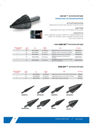 11lenoxtools.eu RECIPROCATING SAW BLADES
LENOX Gold®
POWER ARC™
RECIPROCATING SAW BLADES
Power Arc Curved Design for Superior
Performance in All Applications
POWER ARC CURVED BLADE
Delivers up to 2X longer life vs. traditional straight LENOX®
reciprocating saw blades
AGGRESSIVE BLADE DESIGN
Optimises the blade’s angle of attack for faster cutting in
a variety of materials
EXTENDED BLADE LIFE
T2™ Technology and precision applied titanium coating
help dissipate heat making blades last longer
FASTER CUTS
Titanium coating makes teeth more wear-resistant
so they stay sharp for quicker cuts
1
Blades do not feature Power Arc technology.
* vs traditional straight LENOX®
Reciprocating Saw Blades
** Items can only be ordered in minimum order unit or multiples of it
ITEM NO. DESCRIPTION EAN
MASTER
PACK
ORDER UNIT
= PACK**
MIN. ORDER QTY
BLADES/PACK
APPLICATION
EXTREMEMETALCUTTING
210926108GR 6108G 152 x 25 x 1,1mm 8TPI 82472210927 500 1 5
210969108GR 9108G 229 x 25 x 1,1mm 8TPI 82472210965 250 1 5
210936110GR 6110G 152 x 25 x 1,1mm 10TPI 82472210934 500 1 5
210979110GR 9110G 229 x 25 x 1,1mm 10TPI 82472210972 250 1 5
2110012110GR 12110G 305 x 25 x 1,1mm 10TPI 82472211009 250 1 5
210946114GR 6114G 152 x 25 x 1,1mm 14TPI 82472210941 500 1 5
210989114GR 9114G 229 x 25 x 1,1mm 14TPI 82472210989 250 1 5
2110112114GR 12114G 305 x 25 x 1,1mm 14TPI 82472211016 250 1 5
210956118GR 6118G 152 x 25 x 1,1mm 18TPI 82472210958 500 1 5
210999118GR 9118G 229 x 25 x 1,1mm 18TPI 82472210996 250 1 5
2110212118GR 12118G 305 x 25 x 1,1mm 18TPI 82472211023 250 1 5
DEMOLITION
210886066GR1
6066G 152 x 22 x 1,6mm 6TPI 82472210880 500 1 5
21090966GR 966G 229 x 22 x 1,6mm 6TPI 82472210903 250 1 5
21091106GR 106G 305 x 22 x 1,6mm 6TPI 82472210910 250 1 5
21089960GR 960G 229 x 22 x 1,6mm 10TPI 82472210897 250 1 5
METAL
21064610GR 610G 152 x 19 x 0,9mm 10TPI 82472210644 500 1 5
21065810GR 810G 203 x 19 x 1,3mm 10TPI 82472210651 250 1 5
21066414GR1
414G 102 x 19 x 0,9mm 14TPI 82472210668 500 1 5
21067614GR 614G 152 x 19 x 0,9mm 14TPI 82472210675 500 1 5
21068418GR1
418G 102 x 19 x 0,9mm 18TPI 82472210682 500 1 5
21069618GR 618G 152 x 19 x 0,9mm 18TPI 82472210699 500 1 5
21070818GR 818G 203 x 19 x 0,9mm 18TPI 82472210705 250 1 5
21071424GR1
424G 102 x 19 x 0,9mm 24TPI 82472210712 500 1 5
21072624GR 624G 152 x 19 x 0,9mm 24TPI 82472210729 500 1 5
21073824GR 824G 203 x 19 x 0,9mm 24TPI 82472210736 250 1 5
WOOD
21060656GR 656G 152 x 19 x 1,3mm 6TPI 82472201606 500 1 5
21062956GR 956G 229 x 19 x 1,3mm 6TPI 82472201620 250 1 5
21061156GR 156G 305 x 19 x 1,3mm 6TPI 82472201613 250 1 5
LX_12723603_2018_EN_Catalogue_NEW.indd 11 16/11/2017 13:47
33
MASTER
PACK
MIN.
ORDER QTY
50 1
50 1
50 1
40 1
50 1
MASTER
PACK
MIN.
ORDER QTY
50 1
50 1
40 1
16/11/2017 13:48
lenoxtools.eu
1
HOLE SAWS
SPEED SLOT®
staircase for
fast, easy plug removal
SPEED SLOT®
HOLE SAWS WITH
50% Longer Life. 2X More Durable.*
IMPROVED METAL CUTTING PERFORMANCE
Increased wall thickness improves durability and minimize
Optimized tooth design penetrates metal with ease
FAST, EFFICIENT CUTTING IN WOOD
Larger, sharper teeth remove more wood for fast cutting
EASY PLUG REMOVAL
SPEED SLOT staircase design for fast, easy plug ejection
*vs. Prior LENOX Generation
LX_12723603_2018_EN_Catalogue_NEW.indd 21
‫אנוכיים‬ ‫למסורים‬ ‫להבים‬
lenoxtools.eu STEP DRILL BITS
VARI-BIT T M
STEP DRILL BITS
Drills Fast, Clean, Round Holes
ACCURATE, BURR-FREE HOLES
Patented two flute design cuts fast, clean, round holes
STARTS ON CONTACT
Split point design for faster penetration and less walking
LONG TOOL LIFE
Steam oxide coating adds durability. Enhanced flute design removes chips
rapidly. Use of LENOX PROTOOL LUBE®
recommended to extend tool life
VARI-BIT™ STEP DRILL BITS, METRIC
ITEM NO. DESCRIPTION
CHUCK
SIZE
30960MVB412 MVB412 9 steps 4, 5, 6, 7, 8, 9, 10, 11, 12mm 1/4" (6.35mm) 0824
30961MVB1424 MVB1424 7 steps 14, 16, 18, 20, 22, 24, 25mm 3/8" (9.5mm) 0824
30962MVB618 MVB618 7 steps 6, 8, 10, 12, 14, 16, 18mm 3/8" (9.5mm) 0824
30963MVB2034
MVB2034 8 steps 20, 22, 24, 26, 28, 30,
32, 34mm
3/8" (9.5mm) 0824
30964MVB528PG
MVB528PG 10 steps 5, 7.5, 10, 12.5, 15.2,18.6,
20.4, 22.5, 25.5, 28.3mm
3/8" (9.5mm) 0824
VARI-BIT™ STEP DRILL BITS
ITEM NO. DESCRIPTION CHUCK SIZE E
30882VB2 VB2 9 steps 12.5, 14, 16, 17.5, 19, 20.5, 22, 23.5, 25mm 3/8" (9.5mm) 082472
30883VB3 VB3 9 steps 6, 8, 9.5, 11, 12.5, 14, 16, 17.5, 19mm 3/8" (9.5mm) 082472
30912VB12 VB12 5 steps 22, 28.5, 31, 32, 35mm 3/8" (9.5mm) 082472
3091
3096
30964MVB528PG
30962MVB61830961MVB142430960MVB412
30883VB330882VB2
LX_12723603_2018_EN_Catalogue_NEW.indd 33
‫מדורגים‬ ‫מקדחים‬
.‫ועגולים‬ ‫נקיים‬ ,‫מהירים‬ ‫קדחים‬ ‫קודחים‬
:‫גרדים‬ ‫ללא‬ ‫מדויקים‬ ‫קדחים‬
‫ועגולים‬ ‫נקיים‬ ,‫מהירים‬ ‫חתכים‬ ‫חותך‬ ‫חריצים‬ ‫שני‬ ‫בעל‬ ‫מבנה‬
‫במגע‬ ‫מתחיל‬
‫תזוזות‬ ‫ופחות‬ ‫יותר‬ ‫מהירה‬ ‫לחדירה‬ ‫מפוצל‬ ‫חוד‬ ‫בעל‬ ‫מבנה‬
‫ארוכים‬ ‫כלים‬ ‫חיי‬
‫מרחיק‬ ‫משופר‬ ‫חריצים‬ ‫עיצוב‬ .‫העמידות‬ ‫את‬ ‫המשפר‬ ‫תחמוצת‬ ‫ציפוי‬
lenoxtools.eu STEP DRILL BITS
VARI-BIT T M
STEP DRILL BITS
Drills Fast, Clean, Round Holes
ACCURATE, BURR-FREE HOLES
Patented two flute design cuts fast, clean, round holes
STARTS ON CONTACT
Split point design for faster penetration and less walking
LONG TOOL LIFE
Steam oxide coating adds durability. Enhanced flute design removes chips
rapidly. Use of LENOX PROTOOL LUBE®
recommended to extend tool life
VARI-BIT™ STEP DRILL BITS, METRIC
ITEM NO. DESCRIPTION
CHUCK
SIZE
EAN
30960MVB412 MVB412 9 steps 4, 5, 6, 7, 8, 9, 10, 11, 12mm 1/4" (6.35mm) 082472309607
30961MVB1424 MVB1424 7 steps 14, 16, 18, 20, 22, 24, 25mm 3/8" (9.5mm) 082472309614
30962MVB618 MVB618 7 steps 6, 8, 10, 12, 14, 16, 18mm 3/8" (9.5mm) 082472309621
30963MVB2034
MVB2034 8 steps 20, 22, 24, 26, 28, 30,
32, 34mm
3/8" (9.5mm) 082472309638
30964MVB528PG
MVB528PG 10 steps 5, 7.5, 10, 12.5, 15.2,18.6,
20.4, 22.5, 25.5, 28.3mm
3/8" (9.5mm) 082472309645
VARI-BIT™ STEP DRILL BITS
ITEM NO. DESCRIPTION CHUCK SIZE EAN
30882VB2 VB2 9 steps 12.5, 14, 16, 17.5, 19, 20.5, 22, 23.5, 25mm 3/8" (9.5mm) 082472308822
30883VB3 VB3 9 steps 6, 8, 9.5, 11, 12.5, 14, 16, 17.5, 19mm 3/8" (9.5mm) 082472308839
30912VB12 VB12 5 steps 22, 28.5, 31, 32, 35mm 3/8" (9.5mm) 082472309126
30912VB12
30963MVB2034
30964MVB528PG
30962MVB61830961MVB142430960MVB412
30883VB330882VB2
‫של‬
lenoxtools.eu STEP DRILL BITS
VARI-BIT T M
STEP DRILL BITS
Drills Fast, Clean, Round Holes
ACCURATE, BURR-FREE HOLES
Patented two flute design cuts fast, clean, round holes
STARTS ON CONTACT
Split point design for faster penetration and less walking
LONG TOOL LIFE
Steam oxide coating adds durability. Enhanced flute design removes chips
rapidly. Use of LENOX PROTOOL LUBE®
recommended to extend tool life
VARI-BIT™ STEP DRILL BITS, METRIC
ITEM NO. DESCRIPTION
CHUCK
SIZE
EAN
30960MVB412 MVB412 9 steps 4, 5, 6, 7, 8, 9, 10, 11, 12mm 1/4" (6.35mm) 08247230960
30961MVB1424 MVB1424 7 steps 14, 16, 18, 20, 22, 24, 25mm 3/8" (9.5mm) 08247230961
30962MVB618 MVB618 7 steps 6, 8, 10, 12, 14, 16, 18mm 3/8" (9.5mm) 08247230962
30963MVB2034
MVB2034 8 steps 20, 22, 24, 26, 28, 30,
32, 34mm
3/8" (9.5mm) 08247230963
30964MVB528PG
MVB528PG 10 steps 5, 7.5, 10, 12.5, 15.2,18.6,
20.4, 22.5, 25.5, 28.3mm
3/8" (9.5mm) 08247230964
VARI-BIT™ STEP DRILL BITS
ITEM NO. DESCRIPTION CHUCK SIZE EAN
30882VB2 VB2 9 steps 12.5, 14, 16, 17.5, 19, 20.5, 22, 23.5, 25mm 3/8" (9.5mm) 082472308822
30883VB3 VB3 9 steps 6, 8, 9.5, 11, 12.5, 14, 16, 17.5, 19mm 3/8" (9.5mm) 082472308839
30912VB12 VB12 5 steps 22, 28.5, 31, 32, 35mm 3/8" (9.5mm) 082472309126
30912VB12
30963MVB20
30964MVB528PG
30962MVB61830961MVB142430960MVB412
30883VB330882VB2
-‫ב‬ ‫השתמש‬ .‫במהירות‬ ‫שבבים‬
.‫הכלי‬ ‫חיי‬ ‫את‬ ‫להאריך‬ ‫כדי‬
33
S
oles
alking
e design removes chips
ended to extend tool life
S, METRIC
CHUCK
SIZE
EAN
MASTER
PACK
MIN.
ORDER QTY
mm 1/4" (6.35mm) 082472309607 50 1
25mm 3/8" (9.5mm) 082472309614 50 1
m 3/8" (9.5mm) 082472309621 50 1
3/8" (9.5mm) 082472309638 40 1
2,18.6,
3/8" (9.5mm) 082472309645 50 1
S
CHUCK SIZE EAN
MASTER
PACK
MIN.
ORDER QTY
25mm 3/8" (9.5mm) 082472308822 50 1
3/8" (9.5mm) 082472308839 50 1
3/8" (9.5mm) 082472309126 40 1
30912VB12
30963MVB203430962MVB618
30883VB3
33lenoxtools.eu STEP DRILL BITS
VARI-BIT T M
STEP DRILL BITS
Drills Fast, Clean, Round Holes
ACCURATE, BURR-FREE HOLES
Patented two flute design cuts fast, clean, round holes
STARTS ON CONTACT
Split point design for faster penetration and less walking
LONG TOOL LIFE
Steam oxide coating adds durability. Enhanced flute design removes chips
rapidly. Use of LENOX PROTOOL LUBE®
recommended to extend tool life
VARI-BIT™ STEP DRILL BITS, METRIC
ITEM NO. DESCRIPTION
CHUCK
SIZE
EAN
MASTER
PACK
MIN.
ORDER QTY
30960MVB412 MVB412 9 steps 4, 5, 6, 7, 8, 9, 10, 11, 12mm 1/4" (6.35mm) 082472309607 50 1
30961MVB1424 MVB1424 7 steps 14, 16, 18, 20, 22, 24, 25mm 3/8" (9.5mm) 082472309614 50 1
30962MVB618 MVB618 7 steps 6, 8, 10, 12, 14, 16, 18mm 3/8" (9.5mm) 082472309621 50 1
30963MVB2034
MVB2034 8 steps 20, 22, 24, 26, 28, 30,
32, 34mm
3/8" (9.5mm) 082472309638 40 1
30964MVB528PG
MVB528PG 10 steps 5, 7.5, 10, 12.5, 15.2,18.6,
20.4, 22.5, 25.5, 28.3mm
3/8" (9.5mm) 082472309645 50 1
VARI-BIT™ STEP DRILL BITS
ITEM NO. DESCRIPTION CHUCK SIZE EAN
MASTER
PACK
MIN.
ORDER QTY
30882VB2 VB2 9 steps 12.5, 14, 16, 17.5, 19, 20.5, 22, 23.5, 25mm 3/8" (9.5mm) 082472308822 50 1
30883VB3 VB3 9 steps 6, 8, 9.5, 11, 12.5, 14, 16, 17.5, 19mm 3/8" (9.5mm) 082472308839 50 1
30912VB12 VB12 5 steps 22, 28.5, 31, 32, 35mm 3/8" (9.5mm) 082472309126 40 1
30912VB12
30963MVB2034
30964MVB528PG
30962MVB61830961MVB142430960MVB412
30883VB330882VB2
‫מטרי‬ VARI-BIT T M
STEP DRILL BITS
Drills Fast, Clean, Round Holes
ACCURATE, BURR-FREE HOLES
Patented two flute design cuts fast, clean, round holes
STARTS ON CONTACT
Split point design for faster penetration and less walking
LONG TOOL LIFE
Steam oxide coating adds durability. Enhanced flute design removes ch
rapidly. Use of LENOX PROTOOL LUBE®
recommended to extend tool
VARI-BIT™ STEP DRILL BITS, METRIC
ITEM NO. DESCRIPTION
CHUC
SIZE
30960MVB412 MVB412 9 steps 4, 5, 6, 7, 8, 9, 10, 11, 12mm 1/4" (6.35
30961MVB1424 MVB1424 7 steps 14, 16, 18, 20, 22, 24, 25mm 3/8" (9.5
30962MVB618 MVB618 7 steps 6, 8, 10, 12, 14, 16, 18mm 3/8" (9.5
30963MVB2034
MVB2034 8 steps 20, 22, 24, 26, 28, 30,
32, 34mm
3/8" (9.5
30964MVB528PG
MVB528PG 10 steps 5, 7.5, 10, 12.5, 15.2,18.6,
20.4, 22.5, 25.5, 28.3mm
3/8" (9.5
VARI-BIT™ STEP DRILL BITS
ITEM NO. DESCRIPTION CHUCK SIZ
30882VB2 VB2 9 steps 12.5, 14, 16, 17.5, 19, 20.5, 22, 23.5, 25mm 3/8" (9.5mm
30883VB3 VB3 9 steps 6, 8, 9.5, 11, 12.5, 14, 16, 17.5, 19mm 3/8" (9.5mm
30912VB12 VB12 5 steps 22, 28.5, 31, 32, 35mm 3/8" (9.5mm
30964MVB528PG
30962MVB61830961MVB142430960MVB412
30883VB330882VB2
‫מדורגים‬ ‫מקדחים‬
VARI-BIT T M
STEP DRILL BITS
Drills Fast, Clean, Round Holes
ACCURATE, BURR-FREE HOLES
Patented two flute design cuts fast, clean, round holes
STARTS ON CONTACT
Split point design for faster penetration and less walking
LONG TOOL LIFE
Steam oxide coating adds durability. Enhanced flute design removes chip
rapidly. Use of LENOX PROTOOL LUBE®
recommended to extend tool li
VARI-BIT™ STEP DRILL BITS, METRIC
ITEM NO. DESCRIPTION
CHUCK
SIZE
30960MVB412 MVB412 9 steps 4, 5, 6, 7, 8, 9, 10, 11, 12mm 1/4" (6.35m
30961MVB1424 MVB1424 7 steps 14, 16, 18, 20, 22, 24, 25mm 3/8" (9.5m
30962MVB618 MVB618 7 steps 6, 8, 10, 12, 14, 16, 18mm 3/8" (9.5m
30963MVB2034
MVB2034 8 steps 20, 22, 24, 26, 28, 30,
32, 34mm
3/8" (9.5m
30964MVB528PG
MVB528PG 10 steps 5, 7.5, 10, 12.5, 15.2,18.6,
20.4, 22.5, 25.5, 28.3mm
3/8" (9.5m
VARI-BIT™ STEP DRILL BITS
ITEM NO. DESCRIPTION CHUCK SIZE
30882VB2 VB2 9 steps 12.5, 14, 16, 17.5, 19, 20.5, 22, 23.5, 25mm 3/8" (9.5mm)
30883VB3 VB3 9 steps 6, 8, 9.5, 11, 12.5, 14, 16, 17.5, 19mm 3/8" (9.5mm)
30912VB12 VB12 5 steps 22, 28.5, 31, 32, 35mm 3/8" (9.5mm)
‫מדורגים‬ ‫מקדחים‬
‫פריט‬ ‫מספר‬
‫פריט‬ ‫מספר‬
‫תיאור‬
‫תיאור‬
‫תפסנים‬
‫מידה‬
‫תפסנים‬
‫מידה‬
31JIG SAW BLADES
AL JIG SAW BLADES
Wood Working and Metal Cutting
UTTING
cut fast without deflection
SH
cision sharpness for straight cuts
finish
OODWORKING
ptimal performance in wood cutting,
woods
ISTANT
ology flexes and resists breaking
ade life
AL T-SHANK JIG SAW BLADES
DESCRIPTION EAN
MASTER
PACK
ORDER UNIT
= PACK*
MIN. ORDER QTY
BLADES/PACK
406S 100 x 10 x 1,3mm 6TPI, Wood Cutting 082472203059 250 1 2
410S 100 x 10 x 1,3mm 10TPI, Wood Cutting 082472203066 250 1 2
686S 150 x 10 x 1,3mm 6TPI, Wood Cutting 082472203097 250 1 2
320SC 92 x 5 x 1,3mm 20TPI, Wood Cutting Contour 082472203110 250 1 2
450S 100 x 8 x 1,3mm 10TPI, Wood Cutting 082472203134 250 1 2
450SR 100 x 8 x 1,3mm 10TPI, Wood Cutting,
Reverse Tooth Setting
082472203141 250 1 2
456S 100 x 8 x 1,3mm 6TPI, Wood Cutting 082472203158 250 1 2
314S 92 x 10 x 0,9mm 14TPI, Metal Cutting 082472203011 250 1 2
318S 92 x 10 x 0,9mm 18TPI, Metal Cutting 082472203028 250 1 2
324S 92 x 10 x 0,9mm 24TPI, Metal Cutting 082472203035 250 1 2
518S 135 x 10 x 1,3mm 18TPI, Metal Cutting 082472203080 250 1 2
332S 92 x 10 x 0,9mm 32TPI, Metal Cutting 082472208030 250 1 2
406S 100 x 10 x 1,3mm 6TPI, Wood Cutting 082472208122 500 1 25
410S 100 x 10 x 1,3mm 10TPI, Wood Cutting 082472208139 500 1 25
450S 100 x 8 x 1,3mm 10TPI, Wood Cutting 082472208146 500 1 25
ordered in minimum order unit or multiples of it.
ogue_NEW.indd 31 16/11/2017 13:48
TAL JIG SAW BLADES
Wood Working and Metal Cutting
CUTTING
to cut fast without deflection
NISH
ecision sharpness for straight cuts
h finish
WOODWORKING
optimal performance in wood cutting,
dwoods
ESISTANT
hnology flexes and resists breaking
blade life
TAL T-SHANK JIG SAW BLADES
DESCRIPTION EAN
MASTER
PACK
ORDER UNIT
= PACK*
MIN. ORDER QTY
BLADES/PACK
S 406S 100 x 10 x 1,3mm 6TPI, Wood Cutting 082472203059 250 1 2
S 410S 100 x 10 x 1,3mm 10TPI, Wood Cutting 082472203066 250 1 2
S 686S 150 x 10 x 1,3mm 6TPI, Wood Cutting 082472203097 250 1 2
320SC 92 x 5 x 1,3mm 20TPI, Wood Cutting Contour 082472203110 250 1 2
450S 100 x 8 x 1,3mm 10TPI, Wood Cutting 082472203134 250 1 2
450SR 100 x 8 x 1,3mm 10TPI, Wood Cutting,
Reverse Tooth Setting
082472203141 250 1 2
456S 100 x 8 x 1,3mm 6TPI, Wood Cutting 082472203158 250 1 2
S 314S 92 x 10 x 0,9mm 14TPI, Metal Cutting 082472203011 250 1 2
S 318S 92 x 10 x 0,9mm 18TPI, Metal Cutting 082472203028 250 1 2
S 324S 92 x 10 x 0,9mm 24TPI, Metal Cutting 082472203035 250 1 2
S 518S 135 x 10 x 1,3mm 18TPI, Metal Cutting 082472203080 250 1 2
S 332S 92 x 10 x 0,9mm 32TPI, Metal Cutting 082472208030 250 1 2
406S 100 x 10 x 1,3mm 6TPI, Wood Cutting 082472208122 500 1 25
410S 100 x 10 x 1,3mm 10TPI, Wood Cutting 082472208139 500 1 25
450S 100 x 8 x 1,3mm 10TPI, Wood Cutting 082472208146 500 1 25
be ordered in minimum order unit or multiples of it.
‫אריזה‬
‫ראשית‬
‫אריזה‬
‫ראשית‬
‫מינימלית‬ ‫הזמנה‬ ‫כמות‬
‫להבים/אריזה‬
‫מינימלית‬ ‫הזמנה‬ ‫כמות‬
‫להבים/אריזה‬
4949
 