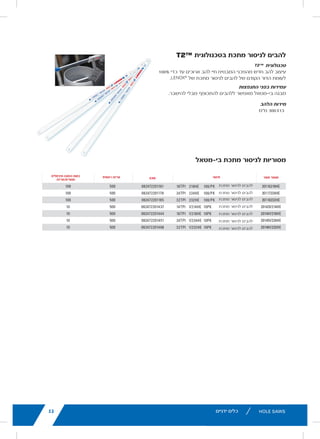 11lenoxtools.eu RECIPROCATING SAW BLADES
LENOX Gold®
POWER ARC™
RECIPROCATING SAW BLADES
Power Arc Curved Design for Superior
Performance in All Applications
POWER ARC CURVED BLADE
Delivers up to 2X longer life vs. traditional straight LENOX®
reciprocating saw blades
AGGRESSIVE BLADE DESIGN
Optimises the blade’s angle of attack for faster cutting in
a variety of materials
EXTENDED BLADE LIFE
T2™ Technology and precision applied titanium coating
help dissipate heat making blades last longer
FASTER CUTS
Titanium coating makes teeth more wear-resistant
so they stay sharp for quicker cuts
1
Blades do not feature Power Arc technology.
* vs traditional straight LENOX®
Reciprocating Saw Blades
** Items can only be ordered in minimum order unit or multiples of it
ITEM NO. DESCRIPTION EAN
MASTER
PACK
ORDER UNIT
= PACK**
MIN. ORDER QTY
BLADES/PACK
APPLICATION
EXTREMEMETALCUTTING
210926108GR 6108G 152 x 25 x 1,1mm 8TPI 82472210927 500 1 5
210969108GR 9108G 229 x 25 x 1,1mm 8TPI 82472210965 250 1 5
210936110GR 6110G 152 x 25 x 1,1mm 10TPI 82472210934 500 1 5
210979110GR 9110G 229 x 25 x 1,1mm 10TPI 82472210972 250 1 5
2110012110GR 12110G 305 x 25 x 1,1mm 10TPI 82472211009 250 1 5
210946114GR 6114G 152 x 25 x 1,1mm 14TPI 82472210941 500 1 5
210989114GR 9114G 229 x 25 x 1,1mm 14TPI 82472210989 250 1 5
2110112114GR 12114G 305 x 25 x 1,1mm 14TPI 82472211016 250 1 5
210956118GR 6118G 152 x 25 x 1,1mm 18TPI 82472210958 500 1 5
210999118GR 9118G 229 x 25 x 1,1mm 18TPI 82472210996 250 1 5
2110212118GR 12118G 305 x 25 x 1,1mm 18TPI 82472211023 250 1 5
DEMOLITION
210886066GR1
6066G 152 x 22 x 1,6mm 6TPI 82472210880 500 1 5
21090966GR 966G 229 x 22 x 1,6mm 6TPI 82472210903 250 1 5
21091106GR 106G 305 x 22 x 1,6mm 6TPI 82472210910 250 1 5
21089960GR 960G 229 x 22 x 1,6mm 10TPI 82472210897 250 1 5
METAL
21064610GR 610G 152 x 19 x 0,9mm 10TPI 82472210644 500 1 5
21065810GR 810G 203 x 19 x 1,3mm 10TPI 82472210651 250 1 5
21066414GR1
414G 102 x 19 x 0,9mm 14TPI 82472210668 500 1 5
21067614GR 614G 152 x 19 x 0,9mm 14TPI 82472210675 500 1 5
21068418GR1
418G 102 x 19 x 0,9mm 18TPI 82472210682 500 1 5
21069618GR 618G 152 x 19 x 0,9mm 18TPI 82472210699 500 1 5
21070818GR 818G 203 x 19 x 0,9mm 18TPI 82472210705 250 1 5
21071424GR1
424G 102 x 19 x 0,9mm 24TPI 82472210712 500 1 5
21072624GR 624G 152 x 19 x 0,9mm 24TPI 82472210729 500 1 5
21073824GR 824G 203 x 19 x 0,9mm 24TPI 82472210736 250 1 5
WOOD
21060656GR 656G 152 x 19 x 1,3mm 6TPI 82472201606 500 1 5
21062956GR 956G 229 x 19 x 1,3mm 6TPI 82472201620 250 1 5
21061156GR 156G 305 x 19 x 1,3mm 6TPI 82472201613 250 1 5
LX_12723603_2018_EN_Catalogue_NEW.indd 11 16/11/2017 13:47
37
MIN. ORDER QTY
BLADES/PK*
100
100
100
10
10
10
10
16/11/2017 13:48
lenoxtools.eu
1
HOLE SAWS
SPEED SLOT®
staircase for
fast, easy plug removal
SPEED SLOT®
HOLE SAWS WITH
50% Longer Life. 2X More Durable.*
IMPROVED METAL CUTTING PERFORMANCE
Increased wall thickness improves durability and minimize
Optimized tooth design penetrates metal with ease
FAST, EFFICIENT CUTTING IN WOOD
Larger, sharper teeth remove more wood for fast cutting
EASY PLUG REMOVAL
SPEED SLOT staircase design for fast, easy plug ejection
*vs. Prior LENOX Generation
LX_12723603_2018_EN_Catalogue_NEW.indd 21
‫ידניים‬ ‫כלים‬lenoxtools.eu HACKSAW FRAMES & BLADES
T2™ TECHNOLOGY HACKSAW BLADES
T2™ TECHNOLOGY
A revolutionary new blade design that delivers up
to 100% longer blade life versus the prior
generation of LENOX®
hacksaw blades
SHATTER RESISTANT
Bi-metal construction allows blades
to bend and flex without breaking
BLADE DIMENSIONS
300 x 13 mm
ITEM NO. DESCRIPTION EAN
20116218HE Hacksaw Blades 18TPI 218HE 100/PK 082472201161
20117224HE Hacksaw Blades 24TPI 224HE 100/PK 082472201178
20118232HE Hacksaw Blades 32TPI 232HE 100/PK 082472201185
20143V214HE Hacksaw Blades 14TPI V214HE 10PK 082472201437
20144V218HE Hacksaw Blades 18TPI V218HE 10PK 082472201444
20145V224HE Hacksaw Blades 24TPI V224HE 10PK 082472201451
20146V232HE Hacksaw Blades 32TPI V232HE 10PK 082472201468
BI-METAL HACKSAW BLADES
* Items can only be ordered in minimum order quantity or multiples of it.
LX_12723603_2018_EN_Catalogue_NEW.indd 37
‫בטכנולוגית‬ ‫מתכת‬ ‫לניסור‬ ‫להבים‬
lenoxtools.eu HACKSA
T2™ TECHNOLOGY
T2™ TECHNOLOGY
A revolutionary new blade design t
to 100% longer blade life versus th
generation of LENOX®
hacksaw bla
SHATTER RESISTANT
Bi-metal construction allows blade
to bend and flex without breaking
BLADE DIMENSIONS
300 x 13 mm
ITEM NO. DES
20116218HE Hacksaw Blades 18
20117224HE Hacksaw Blades 24
20118232HE Hacksaw Blades 32
20143V214HE Hacksaw Blades 14
20144V218HE Hacksaw Blades 18
20145V224HE Hacksaw Blades 24
20146V232HE Hacksaw Blades 32
BI-METAL HACKSA
* Items can only be ordered in minimum ord
LX_12723603_2018_EN_Catalogue_NEW.indd 37
‫טכנולוגית‬
100% ‫כדי‬ ‫עד‬ ‫ארוכים‬ ‫להב‬ ‫חיי‬ ‫המבטיח‬ ‫מהפכני‬ ‫חדש‬ ‫להב‬ ‫עיצוב‬
.
36 HACKSAW FRAMES &
ITEM NO. DESCRIPTION EAN MASTER
10507542 HT50 high-tension Hacksaw, 300mm 5706915075427 5
HT50 HIGH-TENSION HACKSAW
50,000 PSI
HIGHEST TENSION. EVER
Unique I-beam construction allows blade to tension up to 50,000
psi, resulting in fast, straight cuts
COMFORTABLE GRIPS
Rubberised handles allow for confident handling
even in wet or cold environments
CONVERT TO A JAB SAW
Accepts any LENOX®
Recip blade to be
used as a jab saw
CONVENIENT BLADE STORAGE
Store up to 5 extra 12” / 300 mm hacksaw blades in the I-Beam
Tension Use as a
ITEM NO. DESCRIPTION EAN MASTE
10507543 Lightweight Hacksaw Frame 30,000PSI, 12”/300mm 5706915075434
88300 LIGHTWEIGHT HACKSAW
30,000 PSI
HIGH TENSION
Saw will tension up to 30,000 PSI
EASILY ADJUST TENSION
ERGONOMIC GRIP
Front handle grip reduces fatigue in continuous cutting
applications
MULTI-PURPOSE
Mount blade at 45 degrees for flush cutting applications
* Items can only be ordered in minimum order quantity or multiples of it.
30 000 PSI
LX_12723603_2018_EN_Catalogue_NEW.indd 36
‫של‬ ‫מתכת‬ ‫לניסור‬ ‫להבים‬ ‫של‬ ‫הקודם‬ ‫הדור‬ ‫לעומת‬
‫התנפצות‬ ‫בפני‬ ‫עמידות‬
.‫להישבר‬ ‫מבלי‬ ‫להתכופף‬ ‫ללהבים‬ ‫מאפשר‬ ‫בי-מטאל‬ ‫מבנה‬
‫הלהב‬ ‫מידות‬
‫מ"מ‬ 300 X13
‫בי-מטאל‬ ‫מתכת‬ ‫לניסור‬ ‫מסוריות‬
37MES & BLADES
KSAW BLADES
ers up
EAN MASTER PACK
MIN. ORDER QTY
BLADES/PK*
E 100/PK 082472201161 500 100
E 100/PK 082472201178 500 100
E 100/PK 082472201185 500 100
HE 10PK 082472201437 500 10
HE 10PK 082472201444 500 10
HE 10PK 082472201451 500 10
HE 10PK 082472201468 500 10
ADES
or multiples of it.
16/11/2017 13:48
‫מוצר‬ ‫מספר‬‫תיאור‬‫ראשית‬ ‫אריזה‬‫מינימלית‬ ‫הזמנה‬ ‫כמות‬
‫מסורים/אריזה‬
‫מתכת‬ ‫לניסור‬ ‫להבים‬
‫מתכת‬ ‫לניסור‬ ‫להבים‬
‫מתכת‬ ‫לניסור‬ ‫להבים‬
‫מתכת‬ ‫לניסור‬ ‫להבים‬
‫מתכת‬ ‫לניסור‬ ‫להבים‬
‫מתכת‬ ‫לניסור‬ ‫להבים‬
‫מתכת‬ ‫לניסור‬ ‫להבים‬
53
 