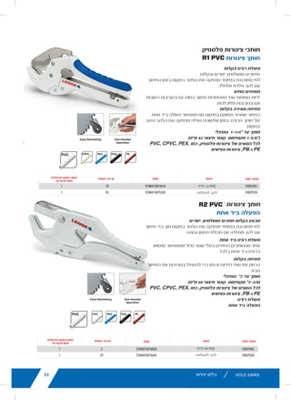 11lenoxtools.eu RECIPROCATING SAW BLADES
LENOX Gold®
POWER ARC™
RECIPROCATING SAW BLADES
Power Arc Curved Design for Superior
Performance in All Applications
POWER ARC CURVED BLADE
Delivers up to 2X longer life vs. traditional straight LENOX®
reciprocating saw blades
AGGRESSIVE BLADE DESIGN
Optimises the blade’s angle of attack for faster cutting in
a variety of materials
EXTENDED BLADE LIFE
T2™ Technology and precision applied titanium coating
help dissipate heat making blades last longer
FASTER CUTS
Titanium coating makes teeth more wear-resistant
so they stay sharp for quicker cuts
1
Blades do not feature Power Arc technology.
* vs traditional straight LENOX®
Reciprocating Saw Blades
** Items can only be ordered in minimum order unit or multiples of it
ITEM NO. DESCRIPTION EAN
MASTER
PACK
ORDER UNIT
= PACK**
MIN. ORDER QTY
BLADES/PACK
APPLICATION
EXTREMEMETALCUTTING
210926108GR 6108G 152 x 25 x 1,1mm 8TPI 82472210927 500 1 5
210969108GR 9108G 229 x 25 x 1,1mm 8TPI 82472210965 250 1 5
210936110GR 6110G 152 x 25 x 1,1mm 10TPI 82472210934 500 1 5
210979110GR 9110G 229 x 25 x 1,1mm 10TPI 82472210972 250 1 5
2110012110GR 12110G 305 x 25 x 1,1mm 10TPI 82472211009 250 1 5
210946114GR 6114G 152 x 25 x 1,1mm 14TPI 82472210941 500 1 5
210989114GR 9114G 229 x 25 x 1,1mm 14TPI 82472210989 250 1 5
2110112114GR 12114G 305 x 25 x 1,1mm 14TPI 82472211016 250 1 5
210956118GR 6118G 152 x 25 x 1,1mm 18TPI 82472210958 500 1 5
210999118GR 9118G 229 x 25 x 1,1mm 18TPI 82472210996 250 1 5
2110212118GR 12118G 305 x 25 x 1,1mm 18TPI 82472211023 250 1 5
DEMOLITION
210886066GR1
6066G 152 x 22 x 1,6mm 6TPI 82472210880 500 1 5
21090966GR 966G 229 x 22 x 1,6mm 6TPI 82472210903 250 1 5
21091106GR 106G 305 x 22 x 1,6mm 6TPI 82472210910 250 1 5
21089960GR 960G 229 x 22 x 1,6mm 10TPI 82472210897 250 1 5
METAL
21064610GR 610G 152 x 19 x 0,9mm 10TPI 82472210644 500 1 5
21065810GR 810G 203 x 19 x 1,3mm 10TPI 82472210651 250 1 5
21066414GR1
414G 102 x 19 x 0,9mm 14TPI 82472210668 500 1 5
21067614GR 614G 152 x 19 x 0,9mm 14TPI 82472210675 500 1 5
21068418GR1
418G 102 x 19 x 0,9mm 18TPI 82472210682 500 1 5
21069618GR 618G 152 x 19 x 0,9mm 18TPI 82472210699 500 1 5
21070818GR 818G 203 x 19 x 0,9mm 18TPI 82472210705 250 1 5
21071424GR1
424G 102 x 19 x 0,9mm 24TPI 82472210712 500 1 5
21072624GR 624G 152 x 19 x 0,9mm 24TPI 82472210729 500 1 5
21073824GR 824G 203 x 19 x 0,9mm 24TPI 82472210736 250 1 5
WOOD
21060656GR 656G 152 x 19 x 1,3mm 6TPI 82472201606 500 1 5
21062956GR 956G 229 x 19 x 1,3mm 6TPI 82472201620 250 1 5
21061156GR 156G 305 x 19 x 1,3mm 6TPI 82472201613 250 1 5
LX_12723603_2018_EN_Catalogue_NEW.indd 11 16/11/2017 13:47
39
Poly PEPEX
ing One-Handed
Operation
ing One-Handed
Operation
Poly PEPEX
MIN. ORDER QTY
CUTTER/PK*
1
1
MIN. ORDER QTY
CUTTER/PK*
1
1
16/11/2017 13:48
lenoxtools.eu
1
HOLE SAWS
SPEED SLOT®
staircase for
fast, easy plug removal
SPEED SLOT®
HOLE SAWS WITH
50% Longer Life. 2X More Durable.*
IMPROVED METAL CUTTING PERFORMANCE
Increased wall thickness improves durability and minimize
Optimized tooth design penetrates metal with ease
FAST, EFFICIENT CUTTING IN WOOD
Larger, sharper teeth remove more wood for fast cutting
EASY PLUG REMOVAL
SPEED SLOT staircase design for fast, easy plug ejection
*vs. Prior LENOX Generation
LX_12723603_2018_EN_Catalogue_NEW.indd 21
‫ידניים‬ ‫כלים‬
‫פלסטיק‬ ‫צינורות‬ ‫חותכי‬
lenoxtools.eu PLASTIC TUBING CUTT
PERFECT CUTS. STRAIGHT AND EASY.
Specifically designed jaw holds pipe in place while
cutting with stainless steel blade
COMFORTABLE GRIPS
Rubberised handles allow for confident cutting
even in wet or dirty environments
EASY OPEN & CLOSE
Conveniently positioned release button allows for
true one-handed operation of ratcheting cutter,
while locking tab secures blade in place
CUTS UP TO 1-1/4” NOMINAL
(1-5/8” MAX. OD - 42mm)
FOR ALL TYPES OF PLASTIC TUBING LIKE PVC, C
PEX, PE & PB TUBING, FLEXIBLE HOSE
PERFECT CUTS. STRAIGHT AND EASY.
Specifically designed jaw holds pipe in place while
cutting with high-carbon steel blade
ONE-HANDED RATCHETING
One of the only large diameter cutters that can be
ratcheted with just one hand
EASY OPEN
Pull both handles apart to quickly start the next cut
CUTS UP TO 2” NOMINAL
(2-3/8” MAX. OD - 60mm)
FOR ALL TYPES OF PLASTIC TUBING LIKE PVC, C
PEX, PE & PB TUBING, FLEXIBLE HOSE
R1 PVC TUBING CUTTER
Easy Ratcheting
R2 PVC TUBING CUTTER
One-Handed Operation
ITEM NO. DESCRIPTION
10507481 PTC R1 PVC 42mm
10507533 PTC R1B Replacement Blade
ITEM NO. DESCRIPTION
10507482 PTC R2 PVC 60mm
10507534 PTC R2B Replacement Blade
* Items can only be ordered in minimum order quantity or multiple
‫צינורות‬ ‫חותך‬
‫בקלות‬ ‫רצ'ט‬ ‫פעולת‬
‫ובקלות‬ ‫ישרים‬ ,‫מושלמים‬ ‫חיתוכים‬
‫החיתוך‬ ‫בזמן‬ ‫במקום‬ ‫הצינור‬ ‫את‬ ‫מחזיקה‬ ‫במיוחד‬ ‫מתוכננת‬ ‫לחי‬
.‫אלחלד‬ ‫פלדת‬ ‫להב‬ ‫עם‬
‫נוחים‬ ‫מאחזים‬
‫רטובות‬ ‫בסביבות‬ ‫גם‬ ,‫בטוח‬ ‫חיתוך‬ ‫מאפשרות‬ ‫גומי‬ ‫מצופות‬ ‫ידיות‬
.‫מלוכלכות‬ ‫בסביבות‬ ‫וגם‬
‫בקלות‬ ‫וסגירה‬ ‫פתיחה‬
‫אחת‬ ‫ביד‬ ‫פעולה‬ ‫מאפשר‬ ‫נוח‬ ‫במיקום‬ ‫ממוקם‬ ‫שחרור‬ ‫כפתור‬
‫היטב‬ ‫הלהב‬ ‫את‬ ‫מחזיקה‬ ‫נעילה‬ ‫שלשונית‬ ‫בזמן‬ ,‫הרצ'ט‬ ‫חותך‬ ‫של‬
.‫במקום‬
‫נומינלי‬ 1-1/4" ‫עד‬ ‫חותך‬
)‫מ"מ‬ 42 ‫חיצוני‬ ‫קוטר‬ ‫מקסימום‬ 1-5/8"(
PVC, CPVC, PEX, ‫כמו‬ ,‫פלסטיק‬ ‫צינורות‬ ‫של‬ ‫הסוגים‬ ‫לכל‬
‫גמישים‬ ‫צינורות‬ ,PB-‫ו‬ PE
39NG CUTTERS
ce while
tting
ows for
utter,
E PVC, CPVC,
ce while
t can be
next cut
E PVC, CPVC,
R
R
PVC Poly PEPEXCPVC
Easy Ratcheting One-Handed
Operation
Easy Ratcheting One-Handed
Operation
Poly PEPEXPVCPVC
EAN MASTER PACK
MIN. ORDER QTY
CUTTER/PK*
5706915074819 10 1
5706915075335 25 1
EAN MASTER PACK
MIN. ORDER QTY
CUTTER/PK*
5706915074826 2 1
5706915075342 25 1
y or multiples of it.
39TUBING CUTTERS
ASY.
in place while
ent cutting
on allows for
ing cutter,
ace
NG LIKE PVC, CPVC,
OSE
ASY.
in place while
rs that can be
rt the next cut
NG LIKE PVC, CPVC,
OSE
TER
TTER
PVC Poly PEPEXCPVC
Easy Ratcheting One-Handed
Operation
Easy Ratcheting One-Handed
Operation
Poly PEPEXPVCPVC
EAN MASTER PACK
MIN. ORDER QTY
CUTTER/PK*
5706915074819 10 1
5706915075335 25 1
EAN MASTER PACK
MIN. ORDER QTY
CUTTER/PK*
5706915074826 2 1
e 5706915075342 25 1
quantity or multiples of it.
‫מוצר‬ ‫מספר‬‫תיאור‬‫ראשית‬ ‫אריזה‬‫מינימלית‬ ‫הזמנה‬ ‫כמות‬
‫מסורים/אריזה‬
‫מ"מ‬ 42 PVC
‫להחלפה‬ ‫להב‬
‫מוצר‬ ‫מספר‬‫תיאור‬‫ראשית‬ ‫אריזה‬‫מינימלית‬ ‫הזמנה‬ ‫כמות‬
‫מסורים/אריזה‬
‫מ"מ‬ 60 PVC
‫להחלפה‬ ‫להב‬
	
lenoxtools.eu PLASTIC TUBING CUTTER
PERFECT CUTS. STRAIGHT AND EASY.
Specifically designed jaw holds pipe in place while
cutting with stainless steel blade
COMFORTABLE GRIPS
Rubberised handles allow for confident cutting
even in wet or dirty environments
EASY OPEN & CLOSE
Conveniently positioned release button allows for
true one-handed operation of ratcheting cutter,
while locking tab secures blade in place
CUTS UP TO 1-1/4” NOMINAL
(1-5/8” MAX. OD - 42mm)
FOR ALL TYPES OF PLASTIC TUBING LIKE PVC, CPV
PEX, PE & PB TUBING, FLEXIBLE HOSE
PERFECT CUTS. STRAIGHT AND EASY.
Specifically designed jaw holds pipe in place while
cutting with high-carbon steel blade
ONE-HANDED RATCHETING
One of the only large diameter cutters that can be
ratcheted with just one hand
EASY OPEN
Pull both handles apart to quickly start the next cut
CUTS UP TO 2” NOMINAL
(2-3/8” MAX. OD - 60mm)
FOR ALL TYPES OF PLASTIC TUBING LIKE PVC, CPV
PEX, PE & PB TUBING, FLEXIBLE HOSE
R1 PVC TUBING CUTTER
Easy Ratcheting
R2 PVC TUBING CUTTER
One-Handed Operation
ITEM NO. DESCRIPTION
10507481 PTC R1 PVC 42mm
10507533 PTC R1B Replacement Blade
ITEM NO. DESCRIPTION
10507482 PTC R2 PVC 60mm
10507534 PTC R2B Replacement Blade
* Items can only be ordered in minimum order quantity or multiples
LX_12723603_2018_EN_Catalogue_NEW.indd 39
‫צינורות‬ ‫חותך‬
‫אחת‬ ‫ביד‬ ‫הפעלה‬
‫ישרים‬ ,‫מושלמים‬ ‫חתכים‬ ‫בקלות‬ ‫מבצע‬
‫חיתוך‬ ‫כדי‬ ‫תוך‬ ‫במקום‬ ‫הצינור‬ ‫את‬ ‫מחזיקה‬ ‫במיוחד‬ ‫מתוכננת‬ ‫לחי‬
‫גבוהה‬ ‫פחמן‬ ‫תכולת‬ ‫עם‬ ‫מפלדה‬ ‫להב‬ ‫עם‬
‫אחת‬ ‫ביד‬ ‫רצ'ט‬ ‫פעולת‬
‫שימוש‬ ‫שמאפשר‬ ‫גדול‬ ‫קוטר‬ ‫בעלי‬ ‫היחידים‬ ‫מהחותכים‬ ‫אחד‬
‫בלבד‬ ‫אחת‬ ‫ביד‬ ‫כרצ'ט‬
‫בקלות‬ ‫פתיחה‬
‫החיתוך‬ ‫את‬ ‫במהירות‬ ‫להתחיל‬ ‫כדי‬ ‫מזו‬ ‫זו‬ ‫הידיות‬ ‫שתי‬ ‫את‬ ‫הרחק‬
‫הבא‬
‫נומינלי‬ "2 ‫עד‬ ‫חותך‬
)‫מ"מ‬ 60 ‫חיצוני‬ ‫קוטר‬ ‫מקסימום‬ "2-3/8(
PVC, CPVC, PEX, ‫כמו‬ ,‫פלסטיק‬ ‫צינורות‬ ‫של‬ ‫הסוגים‬ ‫לכל‬
‫גמישים‬ ‫צינורות‬ ,PB-‫ו‬ PE
‫רצ'ט‬ ‫פעולת‬
‫אחת‬ ‫ביד‬ ‫הפעלה‬
55
 