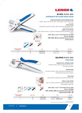 lenoxtools.eu12 RECIPROCATING SAW BLADES
LAZER®
RECIPROCATING SAW BLADES
Best for Heavy Metal Cutting
POWER BLAST TECHNOLOGY™ INCREASES BLADE LIFE
High speed blasting along the cutting edge strengthens
the blade to reduce breaks and increase durability
STRAIGHTER CUTS IN LARGE DIAMETER MATERIALS
Taller blade profile delivers straighter cuts and longer life
in the most demanding metal cutting applications
ITEM NO. TPI
LENGTH x WIDTH x THICKNESS
EAN
MASTER
PACK
ORDER UNIT
= PACK*
MIN. ORDER QTY
BLADES/PACK
APPLICATION
in mm
THICKMETAL
201706110R 10 6 x 1 x .042 152 x 25 x 1.07 82472201703 375 1 5 Structural
Steels and All Metals
5-13mm201769110R 10 9 x 1 x .042 229 x 25 x 1.07 82472201765 225 1 5
2018212110R 10 12 x 1 x .042 305 x 25 x 1.07 82472201826 225 1 5
THICK&MEDIUM
METAL
201726114R 14 6 x 1 x .035 152 x 25 x 0.9 82472201727 375 1 5 Structural
Steels and All Metals
2-10mm201789114R 14 9 x 1 x .035 229 x 25 x 0.9 82472201789 225 1 5
2018412114R 14 12 x 1 x .042 305 x 25 x 1.07 82472201840 225 1 5
20185B12114R 14 12 x 1 x .042 305 x 25 x 1.07 82472201857 250 1 25
MEDIUM
METAL
201746118R 18 6 x 1 x .035 152 x 25 x 0.9 82472201741 375 1 5 Structural
Steels and All Metals
2-6mm201809118R 18 9 x 1 x .035 229 x 25 x 0.9 82472201802 225 1 5
2019012118R 18 12 x 1 x .042 305 x 25 x 1.07 82472201901 225 1 5
*Items can only be ordered in minimum order unit or multiples of it
DEMOLITION RECIPROCATING SAW BLADES
Best Blade for Demolition Applications
POWER BLAST TECHNOLOGY™ INCREASES BLADE LIFE
High speed blasting along the cutting edge strengthens the
blade to reduce breaks and increase durability
MAXIMUM DURABILITY
Taller and thicker blade profile prevents bending during
cutting and provides maximum control in the toughest
demolition applications
ITEM NO. TPI
LENGTH x WIDTH x THICKNESS
EAN
MASTER
PACK
ORDER UNIT
= PACK*
MIN. ORDER QTY
BLADES/PACK
APPLICATION
in mm
DEMOLITION
20598966R 6 9 x 1 x .062 229 x 22 x 1.6 82472205985 180 1 2
20500106R 6 12 x 1 x .062 305 x 22 x 1.6 82472205008 180 1 2
20523B966R 6 9 x 1 x .062 229 x 22 x 1.6 82472205237 200 1 25
20597960R 10 9 x 1 x .062 229 x 22 x 1.6 82472205978 180 1 2
20372960R5 10 9 x 1 x .062 229 x 22 x 1.6 82472203721 225 1 5
20524B960R 10 9 x 1 x .062 229 x 22 x 1.6 82472205244 200 1 25
LX_12723603_2018_EN_Catalogue_NEW.indd 12 16/11/2017 13:47
lenoxtools.euHOLE SAWS
RYWALL /
PLASTER
CAST
IRON
CEMENT
BOARD
ABRASIVES
TILE &
GRANITE
LENOX® DIAMOND™
CARBIDE
TIPPED
—
BI-METAL —
CARBIDE
TIPPED
16/11/2017 13:47
40
PERFECT CUTS. STRAIGHT
Serrated stainless steel blad
make a cut, leaving a flush e
COMFORTABLE GRIPS
Rubberised handles allow fo
wet or dirty environments
EASY OPEN & CLOSE
Conveniently positioned lock
one-handed operation of spr
CUTS UP TO 1” NOMINAL
(1-5/16”MAX. OD - 33mm)
FOR ALL TYPES OF PLASTIC
PE & PB TUBING, FLEXIBLE
PERFECT CUTS. STRAIGHT
High carbon steel blade cuts
single cut
COMFORTABLE GRIPS
Rubberised handles allow fo
wet or dirty environments
DURABLE CONSTRUCTION
Cast aluminum body stands
EASY OPEN & CLOSE
Conveniently positioned lock
one-handed operation of spr
CUTS UP TO 1” NOMINAL
(1-5/16" MAX. OD - 33mm)
FOR ALL TYPES OF PLASTIC
PEX, PE & PB TUBING, FLEX
S1 PEX TUBING
Perfect Cuts. Straig
S2 CPVC TUBIN
Durable Constructio
ITEM NO.
10507479 PTC S1 PEX 3
10507484 PTC S1B Rep
ITEM NO. D
10507480 PTC S2 CPVC 33
10507532 PTC S2B Replac
* Items can only be ordered in minim
LX_12723603_2018_EN_Catalogue_NEW.indd 40
22
RECOMMENDED HOLE SAW
BI-METAL
DIAMETER MILD
STEEL
TOOL /
STAINLESS
STEEL
CAST
IRON
BRAS
in mm
9L 14mm 580 300 400 790
10L 16mm 550 275 365 730
11L 17mm 500 250 330 665
12L 19mm 460 230 300 600
20L 20mm 425 210 280 560
13L 21mm 425 210 280 560
14L 22mm 390 195 260 520
15L 24mm 370 185 245 495
16L 25mm 350 175 235 470
17L 27mm 325 160 215 435
18L 29mm 300 150 200 400
19L 30mm 285 145 190 380
20L 32mm 275 140 180 360
21L 33mm 260 135 175 345
22L 35mm 250 125 165 330
23L 37mm 240 120 160 315
24L 38mm 230 115 150 300
25L 40mm 220 110 145 290
26L 41mm 210 105 140 280
27L 43mm 205 100 135 270
28L 44mm 195 95 130 250
29L 46mm 190 95 125 250
30L 48mm 180 90 120 240
32L 51mm 170 85 115 230
33L 52mm 165 80 110 220
34L 54mm 160 80 105 210
35L 56mm 285 145 190 380
36L 57mm 150 75 100 200
38L 60mm 140 70 95 190
39L 62mm 135 65 90 180
40L 64mm 135 65 90 180
41L 65mm 130 65 85 175
42L 67mm 130 65 85 170
43L 68mm 125 60 80 160
44L 70mm 125 60 80 160
46L 73mm 120 60 80 160
48L 76mm 115 55 75 150
50L 79mm 110 55 70 140
52L 83mm 105 50 70 140
54L 86mm 100 50 65 130
56L 89mm 95 45 65 130
58L 92mm 95 45 60 120
60L 95mm 90 45 60 120
62L 98mm 85 40 55 110
64L 102mm 85 40 55 110
66L 105mm 80 40 55 110
68L 108mm 80 40 55 110
70L 111mm 75 35 50 100
72L 114mm 75 35 50 100
74L 118mm 75 35 50 100
76L 121mm 70 35 45 90
80L 127mm 70 35 45 90
83L 133mm 105 50 70 140
88L 140mm 65 30 40 85
92L 146mm 95 45 60 120
96L 152mm 65 30 40 85
**106L 168mm 65 30 40 85
**112L 177mm 65 30 40 85
**132L 210mm 65 30 40 85
**T1 bi-metal hole saw design
LX_12723603_2018_EN_Catalogue_NEW.indd 22
‫ידניים‬ ‫כלים‬
‫בקלות‬ ‫וסגירה‬ ‫פתיחה‬
.‫בלבד‬ ‫המינימלית‬ ‫ההזמנה‬ ‫כמות‬ ‫של‬ ‫בכפולות‬ ‫פריטים‬ ‫להזמין‬ ‫*אפשר‬
 
lenoxtools.euPLASTIC TUBING CUTTERS
s force to
tting even in
ws for true
ter
E PEX,
ubing with a
tting even in
repeated use
ws for true
ter
E PVC, CPVC,
Straight Cuts
Easy Open
& Close
R
sy.
ER
PEX Poly PE
CPVC Poly PEPEXPVC
EAN MASTER PACK
MIN. ORDER QTY
CUTTER/PK*
5706915074796 20 5
5706915074840 25 1
EAN MASTER PACK
MIN. ORDER QTY
CUTTER/PK*
5706915074802 20 5
5706915075328 25 1
y or multiples of it.
lenoxtools.euPLASTIC TUBING CUTTERS
Y.
less force to
t cutting even in
allows for true
d cutter
LIKE PEX,
Y.
tic tubing with a
t cutting even in
ged, repeated use
allows for true
d cutter
LIKE PVC, CPVC,
SE
Straight Cuts
Easy Open
& Close
TER
Easy.
TTER
PEX Poly PE
CPVC Poly PEPEXPVC
N EAN MASTER PACK
MIN. ORDER QTY
CUTTER/PK*
5706915074796 20 5
lade 5706915074840 25 1
EAN MASTER PACK
MIN. ORDER QTY
CUTTER/PK*
5706915074802 20 5
e 5706915075328 25 1
uantity or multiples of it.
16/11/2017 13:48
40
PERFECT CUTS. STRAIGHT AND EASY.
Serrated stainless steel blade requires less force to
make a cut, leaving a flush end
COMFORTABLE GRIPS
Rubberised handles allow for confident cutting even
wet or dirty environments
EASY OPEN & CLOSE
Conveniently positioned locking latch allows for true
one-handed operation of spring-loaded cutter
CUTS UP TO 1” NOMINAL
(1-5/16”MAX. OD - 33mm)
FOR ALL TYPES OF PLASTIC TUBING LIKE PEX,
PE & PB TUBING, FLEXIBLE HOSE.
PERFECT CUTS. STRAIGHT AND EASY.
High carbon steel blade cuts rigid plastic tubing with
single cut
COMFORTABLE GRIPS
Rubberised handles allow for confident cutting even
wet or dirty environments
DURABLE CONSTRUCTION
Cast aluminum body stands up to rugged, repeated
EASY OPEN & CLOSE
Conveniently positioned locking latch allows for true
one-handed operation of spring-loaded cutter
CUTS UP TO 1” NOMINAL
(1-5/16" MAX. OD - 33mm)
FOR ALL TYPES OF PLASTIC TUBING LIKE PVC, C
PEX, PE & PB TUBING, FLEXIBLE HOSE
S1 PEX TUBING CUTTER
Perfect Cuts. Straight and Easy.
S2 CPVC TUBING CUTTER
Durable Construction
ITEM NO. DESCRIPTION
10507479 PTC S1 PEX 33mm
10507484 PTC S1B Replacement Blade
ITEM NO. DESCRIPTION
10507480 PTC S2 CPVC 33mm
10507532 PTC S2B Replacement Blade
* Items can only be ordered in minimum order quantity or multiple
LX_12723603_2018_EN_Catalogue_NEW.indd 40
‫צינורות‬ ‫חותך‬
.‫ומושלמים‬ ‫ישרים‬ ‫חתכים‬ ‫בקלות‬ ‫מבצע‬
.‫בקלות‬ ‫המתבצעים‬ ‫וישרים‬ ‫מושלמים‬ ‫חתכים‬
‫ומשאיר‬ ,‫החיתוך‬ ‫לביצוע‬ ‫כוח‬ ‫פחות‬ ‫מצריך‬ ‫משונן‬ ‫אלחלד‬ ‫פלדת‬ ‫להב‬
.‫ישר‬ ‫קצה‬
‫נוחים‬ ‫מאחזים‬
‫וגם‬ ‫רטובות‬ ‫בסביבות‬ ‫גם‬ ‫בטוח‬ ‫חיתוך‬ ‫מאפשרות‬ ‫גומי‬ ‫מצופות‬ ‫ידיות‬
.‫מלוכלכות‬ ‫בסביבות‬
‫בקלות‬ ‫וסגירה‬ ‫פתיחה‬
‫טעון‬ ‫חותך‬ ‫של‬ ‫אחת‬ ‫ביד‬ ‫הפעלה‬ ‫מאפשר‬ ‫נוח‬ ‫במיקום‬ ‫הממוקם‬ ‫מנעול‬
.‫בקפיץ‬
‫חיצוני‬ ‫קוטר‬ 1-5/6"( 1" ‫של‬ ‫נומינלי‬ ‫גודל‬ ‫עד‬ ‫חותך‬
)‫מ"מ‬ 33 ‫מקסימלי‬
,PB-‫ו‬ PEX, OE ‫כמו‬ ‫הפלסטיק‬ ‫צינורות‬ ‫סוגי‬ ‫לכל‬
.‫גמישים‬ ‫צינורות‬
40
PERFECT CUTS. STRAIGHT AND EASY.
Serrated stainless steel blade requires less force to
make a cut, leaving a flush end
COMFORTABLE GRIPS
Rubberised handles allow for confident cutting even in
wet or dirty environments
EASY OPEN & CLOSE
Conveniently positioned locking latch allows for true
one-handed operation of spring-loaded cutter
CUTS UP TO 1” NOMINAL
(1-5/16”MAX. OD - 33mm)
FOR ALL TYPES OF PLASTIC TUBING LIKE PEX,
PE & PB TUBING, FLEXIBLE HOSE.
PERFECT CUTS. STRAIGHT AND EASY.
High carbon steel blade cuts rigid plastic tubing with a
single cut
COMFORTABLE GRIPS
Rubberised handles allow for confident cutting even in
wet or dirty environments
DURABLE CONSTRUCTION
Cast aluminum body stands up to rugged, repeated us
EASY OPEN & CLOSE
Conveniently positioned locking latch allows for true
one-handed operation of spring-loaded cutter
CUTS UP TO 1” NOMINAL
(1-5/16" MAX. OD - 33mm)
FOR ALL TYPES OF PLASTIC TUBING LIKE PVC, CPV
PEX, PE & PB TUBING, FLEXIBLE HOSE
S1 PEX TUBING CUTTER
Perfect Cuts. Straight and Easy.
S2 CPVC TUBING CUTTER
Durable Construction
ITEM NO. DESCRIPTION
10507479 PTC S1 PEX 33mm
10507484 PTC S1B Replacement Blade
ITEM NO. DESCRIPTION
10507480 PTC S2 CPVC 33mm
10507532 PTC S2B Replacement Blade
* Items can only be ordered in minimum order quantity or multiples o
LX_12723603_2018_EN_Catalogue_NEW.indd 40
‫צינורות‬ ‫חותך‬
‫עמיד‬ ‫מבנה‬
‫ובקלות‬ ‫ישרים‬ .‫מושלמים‬ ‫חתכים‬
‫פלסטיק‬ ‫צינורות‬ ‫חותך‬ ‫גבוה‬ ‫פחמן‬ ‫אחוז‬ ‫עם‬ ‫להב‬
.‫אחד‬ ‫בחיתוך‬ ‫קשיחים‬
‫נוחים‬ ‫מאחזים‬
‫בסביבות‬ ‫גם‬ ‫בטוח‬ ‫חיתוך‬ ‫מאפשרות‬ ‫גומי‬ ‫מצופות‬ ‫ידיות‬
.‫מלוכלכות‬ ‫בסביבות‬ ‫וגם‬ ‫או‬ ‫רטובות‬
‫עמיד‬ ‫מבנה‬
.‫ושוב‬ ‫שוב‬ ‫בטוח‬ ‫שימוש‬ ‫מבטיח‬ ‫יצוק‬ ‫מאלומיניום‬ ‫גוף‬
‫בקלות‬ ‫וסגירה‬ ‫פתיחה‬
‫אחת‬ ‫ביד‬ ‫פעולה‬ ‫מאפשר‬ ‫נוח‬ ‫במיקום‬ ‫הממוקם‬ ‫מנעול‬
.‫בקפיץ‬ ‫הטעון‬ ‫החותך‬ ‫של‬
‫חיצוני‬ ‫קוטר‬ 1-5/6"( 1" ‫של‬ ‫נומינלי‬ ‫גודל‬ ‫עד‬ ‫חותך‬
)‫מ"מ‬ 33 ‫מקסימלי‬
PVC, CPVC, PEX, ‫כמו‬ ‫הפלסטיק‬ ‫צינורות‬ ‫סוגי‬ ‫לכל‬
.‫גמישים‬ ‫צינורות‬ ,PB-‫ו‬ PE
‫מוצר‬ ‫מספר‬‫תיאור‬‫ראשית‬ ‫אריזה‬‫מינימלית‬ ‫הזמנה‬ ‫כמות‬
‫מסורים/אריזה‬
‫מ"מ‬ 33 PEX
‫להחלפה‬ ‫להב‬
‫מוצר‬ ‫מספר‬‫תיאור‬‫ראשית‬ ‫אריזה‬‫מינימלית‬ ‫הזמנה‬ ‫כמות‬
‫מסורים/אריזה‬
‫להחלפה‬ ‫להב‬
56
 
