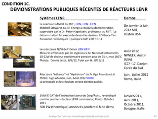 CONDITION 1C.
   DEMONSTRATIONS PUBLIQUES RÉCENTES DE RÉACTEURS LENR
                Systèmes LENR                                                   Demos
                Le réacteur NANOR du MIT , LIEN, LIEN , LIEN
                                                                                De Janvier à Juin
                Mitchell Schwartz du JET Energy a réalisé la démonstration,
                supervisée par le Dr. Peter Hagelstein, professeur au MIT. La   2012 MIT,
                démonstration fut exécutée devant le sénateur US Bruce Tarr.    Boston USA
                Puissance revendiquée : quelques mW, COP 10-14


                Les réacteurs Ni/H de F.Celani LIEN LIEN
                                                                               Août 2012
                Mesures effectuées par les ingénieurs de National Instruments
                10-22W de chaleur excédentaire pendant plus de 75 h, max 160°C NIWEEK, Austin
                Photos: Dennis Letts, 8/6/12, Tyler van H., 8/15/12            (USA)
                                                                                ICCF -17, Daejon
                                                                                Corée du Sud
                Réacteurs “Athanor” et “Hydrotron” du Pr Ugo Abundo et al.      Juin, Juillet 2012
                Photo: Ugo Abundo, Juin, Août 2012 VIDEO                        Rome, Italie
                Le protocole et les résultats seront bientôt publiés



                1MW E-CAT de l’entreprise Leonardo Corp/Rossi, revendiqué       Janvier2011,
                comme premier réacteur LENR commercial, Photo: Octobre          Avril 2011,
                2011                                                            Octobre 2011,
                500 kW (thermique) annoncés pendant 6 h de démo                 Bologne, Italie

                       Analysis by Tyler van Houwelingen (tyler@azulstar.com)                        13
 