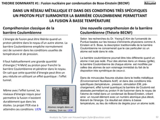 THEORIE DOMINANTE #1 : Fusion nucléaire par condensation de Bose-Einstein (BECNF)                                       Résumé

        DANS UN RÉSEAU MÉTALLIQUE ET DANS DES CONDITIONS TRÈS SPÉCIFIQUES
        UN PROTON PEUT SURMONTER LA BARRIÈRE COULOMBIENNE PERMETTANT
                         LA FUSION À BASSE TEMPÉRATURE
Compréhension classique de la                                    Une nouvelle compréhension de la barrière
barrière Coulombienne                                            Coulombienne (Théorie BECNF)
L’énergie de fusion peut être libérée quand un                   Selon les recherches du Dr. Yeong E.Kim de l’université de
proton pénètre dans le noyau d’un autre atome. La                Purdue basées sur les travaux d’éminents physiciens comme A.
                                                                 Einstein et S. Bose, la description traditionnelle de la barrière
barrière Coulombienne empêche normalement
                                                                 Coulombienne ne concernerait que le cas particulier où un
ceci de survenir dans les conditions usuelles de                 atome est isolé dans le vide.
température et de pression.
                                                                 La barrière coulombienne pourrait être très différente quand un
Il faut habituellement une grande quantité                       atome n’est pas isolé. Pour des atomes dans un réseau (grille),
d’énergie (~4 MeV) au proton pour franchir la                    la barrière Coulombienne de chaque atome est modifiée par
                                                                 celles des atomes de son voisinage immédiat du fait de la
barrière Coulombienne et pénétrer dans le noyau.
                                                                 disposition très symétrique de ceux-ci.
On sait que cette quantité d’énergie peut être un
peu réduite en utilisant un effet quantique : l’effet            Dans de minuscules fissures situées dans le treillis métallique
tunnel.                                                          (Environnement Nucléaire Actif) et dans des conditions très
                                                                 spécifiques (température , pression, stimulation EM, pré-
                                                                 chargement, effet tunnel quantique) la barrière de Coulomb est
Même avec l’effet tunnel, les                                    abaissée permettant au proton H de fusionner dans le noyau de
niveaux d’énergie requis pour                                    l'atome de métal dans un condensat de Bose-Einstein, créant
permettre la fusion n’existent                                   ainsi un nouvel élément avec un numéro atomique plus élevé,
                                                                 libérant de l'énergie. Ce résultat est obtenu à basse
durablement que dans les
                                                                 température, au lieu de millions de degrés pour un atome isolé.
étoiles. Le projet ITER vise à
                                     Atomes rangés dans un
atteindre ces conditions LIEN         réseau, 1nm res. LIEN

                                      Analysis by Tyler van Houwelingen (tyler@azulstar.com)                                       32
 