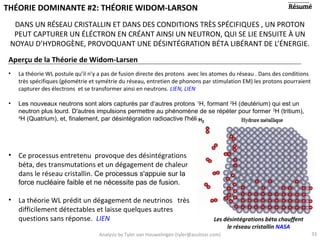 THÉORIE DOMINANTE #2: THÉORIE WIDOM-LARSON                                                                        Résumé

  DANS UN RÉSEAU CRISTALLIN ET DANS DES CONDITIONS TRÈS SPÉCIFIQUES , UN PROTON
  PEUT CAPTURER UN ÉLÉCTRON EN CRÉANT AINSI UN NEUTRON, QUI SE LIE ENSUITE À UN
 NOYAU D’HYDROGÈNE, PROVOQUANT UNE DÉSINTÉGRATION BÉTA LIBÉRANT DE L’ÉNERGIE.

 Aperçu de la Théorie de Widom-Larsen
 •   La théorie WL postule qu’il n’y a pas de fusion directe des protons avec les atomes du réseau . Dans des conditions
     très spécifiques (géométrie et symétrie du réseau, entretien de phonons par stimulation EM) les protons pourraient
     capturer des électrons et se transformer ainsi en neutrons. LIEN, LIEN

 •   Les nouveaux neutrons sont alors capturés par d’autres protons 1H, formant 2H (deutérium) qui est un
     neutron plus lourd. D'autres impulsions permettre au phénomène de se répéter pour former 3H (tritium),
     4
      H (Quatrium), et, finalement, par désintégration radioactive l'hélium.




 • Ce processus entretenu provoque des désintégrations
   béta, des transmutations et un dégagement de chaleur
   dans le réseau cristallin. Ce processus s'appuie sur la
     force nucléaire faible et ne nécessite pas de fusion.

 • La théorie WL prédit un dégagement de neutrinos très
   difficilement détectables et laisse quelques autres
   questions sans réponse. LIEN                                                       Les désintégrations béta chauffent
                                                                                           le réseau cristallin NASA
                                    Analysis by Tyler van Houwelingen (tyler@azulstar.com)                                 33
 