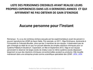 LISTE DES PERSONNES CREDIBLES AYANT REALISE LEURS
PROPRES EXPERIENCES DANS LES 4 DERNIERES ANNEES ET QUI
      AFFIRMENT NE PAS OBTENIR DE GAIN D’ENERGIE



              Aucune personne pour l’instant


Remarque : Il y a eu de nombreux échecs essuyés par les expérimentateurs avant de parvenir à
pouvoir reproduire les LENR de façon fiable. Par exemple, en 2011, Olga Dmitriyeva, doctorante à
l’Université du Colorado-Boulder, ainsi que les 3 membres de son équipe, n’observaient pas de
gain d’énergie au-delà de ce que l’on pouvait attendre de simples réactions chimiques pour un
système Palladium-Deutérium. Cependant, en Mai et Septembre 2012, Olga et son équipe
parvenaient à observer de larges excès de chaleur avec le même système (excès dépassant
largement ce que des réactions chimiques conventionnelles auraient pu produire). Elle travaille
maintenant dans une entreprise privée comme scientifique spécialiste des LENR. LIEN, LIEN




                          Analysis by Tyler van Houwelingen (tyler@azulstar.com)                   7
 