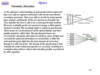 105
SOLO Optics
Chromatic Aberration
As the optician's understanding of optical aberrations improved
they were able to engineer achromats with shorter and shorter
secondary spectrums. They were able to do this by using special
types of glass call flourite. If the two spectra are brought very
close together the lens is said to be a semi-apochromat or flour.
However, to finally get the two spectra to merge, a third optical
element is needed. The resulting triplet is called an apochromat.
These lenses are at the pinnacle of the optical family, and their
quality and price reflect that. The apochromat lenses are
corrected for chromatic aberration in all three colors of light and
corrected for spherical aberration in red and blue. Unlike the
achromat the green light has the least amount of correction,
though it is still very good. The beauty of the apochromat is that
virtually the entire numerical aperture is corrected, resulting in a
resolution that achieves what is theoretically possible as predicted
by Abbe equation.
 