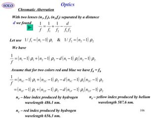 106
SOLO Optics
Chromatic Aberration
With two lenses (n1, f1), (n2,f2) separated by a distance
d we found
2121
111
ff
d
fff
−+=
Let use ( ) ( ) 222111 1/1&1/1 ρρ −=−= nfnf
We have
( ) ( ) ( ) ( ) 22112211 1111
1
ρρρρ −−−−+−= nndnn
f
nF – blue index produced by hydrogen
wavelength 486.1 nm.
nC – red index produced by hydrogen
wavelength 656.3 nm.
nd – yellow index produced by helium
wavelength 587.6 nm.
Assume that for two colors red and blue we have fR = fB
( ) ( ) ( ) ( )
( ) ( ) ( ) ( ) 22112211
22112211
1111
1111
1
ρρρρ
ρρρρ
−−−−+−=
−−−−+−=
FFFF
CCCC
nndnn
nndnn
f
 
