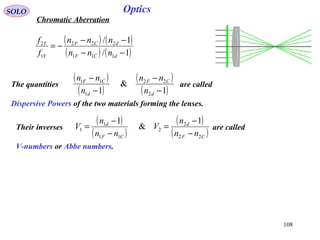 108
SOLO Optics
Chromatic Aberration
( ) ( )
( ) ( )1/
1/
111
222
1
2
−−
−−
−=
dCF
dCF
Y
Y
nnn
nnn
f
f
The quantities are called
Dispersive Powers of the two materials forming the lenses.
( )
( )
( )
( )1
&
1 2
22
1
11
−
−
−
−
d
CF
d
CF
n
nn
n
nn
Their inverses are called
V-numbers or Abbe numbers.
( )
( )
( )
( )CF
d
CF
d
nn
n
V
nn
n
V
22
2
2
11
1
1
1
&
1
−
−
=
−
−
=
 