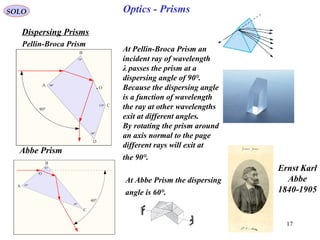 17
SOLO
Dispersing Prisms
Pellin-Broca Prism
Abbe Prism
Ernst Karl
Abbe
1840-1905
At Pellin-Broca Prism an
incident ray of wavelength
λ passes the prism at a
dispersing angle of 90°.
Because the dispersing angle
is a function of wavelength
the ray at other wavelengths
exit at different angles.
By rotating the prism around
an axis normal to the page
different rays will exit at
the 90°.
At Abbe Prism the dispersing
angle is 60°.
Optics - Prisms
 