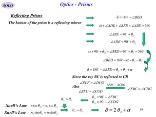 19
SOLO
Reflecting Prisms BED∠−= 
180δ

360=∠+∠+∠+ ABEBEDADEα
1
90 i
ABE θ+=∠ 
2
90 t
ADE θ+=∠ 

3609090 12 =++∠+++ it BED θθα
12180 itBED θθα −−−=∠ 
αθθδ ++=∠−= 21180 tiBED
The bottom of the prism is a reflecting mirror
Since the ray BC is reflected to CD
DCGBCF ∠=∠
Also
CGDBFC ∠=∠
CDGFBC ∠=∠
FBCt ∠−= 
901θ
CDGi ∠−= 
902θ
21 it
θθ =
202
sinsin ti
nn θθ =Snell’s Law
Snell’s Law 110
sinsin ti
nn θθ = 21 ti
θθ = αθδ += 1
2 i
CDGFBC ∆∆ ~
Optics - Prisms
 