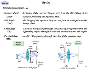 26
OpticsSOLO
Definitions (continue – 2(
Entrance Pupil: the image of the Aperture Stop as seen from the object through the
(EnP( elements preceding the Aperture Stop.
Exit Pupil: the image of the Aperture Stop as seen from an axial point on the
(ExP( image plane.
Entrance
pupil
Exit
pupil
A.S.
IΣ
xpE
npE
Chief
Ray
Entrance and Exit pupils
Image
plane
Marginal
Ray
Hecht
"Optics"
Entrance
pupilExit
pupil
A.S. I
Σ
xpE
npE
Chief
Ray
Image
plane
A front Aperture Stop
Hecht
"Optics"
Chief Ray: an object Ray passing through the center of the aperture stop and
(CR( appearing to pass through the centers of entrance and exit pupils.
Marginal Ray: an object Ray passing through the edge of the aperture stop.
(MR(
 