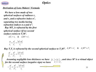 35
OpticsSOLO
Derivation of Lens Makers’ Formula
We have a lens made of two
spherical surfaces of radiuses r1
and r2 and a refractive index n’,
separating two media having
refraction indices n a and n”.
Ray MT1 is refracted by the first
spherical surface (if no second
surface exists) to T1M’.
( )
111
'
'
'
r
nn
s
n
s
n −
=+
11111
''& sMAsTA ==
Ray T1T2 is refracted by the second spherical surface to T2M”. 2222
""&'' sMAsMA ==
( )
222
'"
"
"
'
'
r
nn
s
n
s
n −
=+
Assuming negligible lens thickness we have , and since M’ is a virtual object
for the second surface (negative sign) we have
21
'' ss ≈
21
'' ss −≈
( )
221
'"
"
"
'
'
r
nn
s
n
s
n −
=+−
 