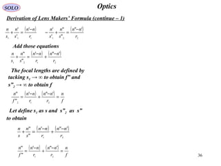 36
OpticsSOLO
Derivation of Lens Makers’ Formula (continue – 1)
( )
111
'
'
'
r
nn
s
n
s
n −
=+
Add those equations
( )
221
'"
"
"
'
'
r
nn
s
n
s
n −
=+−
( ) ( )
2121
'"'
"
"
r
nn
r
nn
s
n
s
n −
+
−
=+
The focal lengths are defined by
tacking s1 → ∞ to obtain f” and
s”2 → ∞ to obtain f
( ) ( )
f
n
r
nn
r
nn
f
n
=
−
+
−
=
212
'"'
"
"
Let define s1 as s and s”2 as s”
to obtain
( ) ( )
21
'"'
"
"
r
nn
r
nn
s
n
s
n −
+
−
=+
( ) ( )
f
n
r
nn
r
nn
f
n
=
−
+
−
=
21
'"'
"
"
 