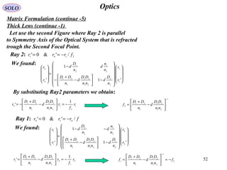 52
OpticsSOLO
Matrix Formulation (continue -5)
Thick Lens (continue -1)
Let use the second Figure where Ray 2 is parallel
to Symmetry Axis of the Optical System that is refracted
trough the Second Focal Point.
























−





−
+
−
−
=










'1
1
' 1
1
2
2
21
21
1
21
2
1
2
1
4
4
r
r
n
D
d
nn
DD
d
n
DD
n
n
d
n
D
d
r
r
We found:
2141 /'&0' frrr −==Ray 2:
By substituting Ray2 parameters we obtain:
1
2
1
21
21
1
21
4
1
' r
f
r
nn
DD
d
n
DD
r −=





−
+
−=
1
21
21
1
21
2
−






−
+
=
nn
DD
d
n
DD
f
frrr /'&0' 414 −==Ray 1:
We found:
























−





−
+
−−
=










'1
1
' 4
4
2
1
21
21
1
21
2
1
2
2
1
1
r
r
n
D
d
nn
DD
d
n
DD
n
n
d
n
D
d
r
r
4
1
4
21
21
1
21
1
1
' r
f
r
nn
DD
d
n
DD
r −=





−
+
= 2
1
21
21
1
21
1 f
nn
DD
d
n
DD
f −=





−
+
=
−
 