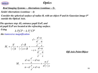 66
OpticsSOLO
Real Imaging Systems – Aberrations (continue – 5)
Seidel Aberrations (continue – 4)
Off-Axis Point Object
Consider the spherical surface of radius R, with an object P and its Gaussian image P’
outside the Optical Axis.
The aperture stop AS, entrance pupil EnP, and
xit pupil ExP are located at the refracting surface.
Using
''~ 00 CPPCPP ∆∆
the transverse magnification
( ) ( )
s
n
s
n
nn
s
s
n
s
n
nn
s
Rs
Rs
h
h
Mt
−
−
+−
−
−
−
=
+−
−
=
−
=
'
'
'
'
'
'
'
''
( )sn
sn
nn
s
s
nn
nn
s
s
nn
Mt
−
=
−+−
+−−
=
'
'
'
'
'
'
'
'
 