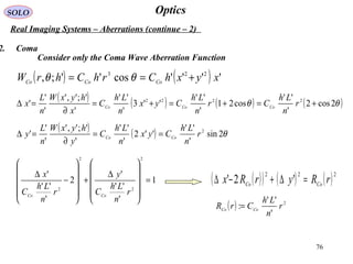76
OpticsSOLO
Real Imaging Systems – Aberrations (continue – 2)
2. Coma
Consider only the Coma Wave Aberration Function
( ) ( ) ''''cos'';, 223
xyxhCrhChrW CoCoCo +== θθ
( ) ( ) ( ) ( )θθ 2cos2
'
''
cos21
'
''
''3
'
''
'
';','
'
'
' 2222
+=+=+=
∂
=∆ r
n
Lh
Cr
n
Lh
Cyx
n
Lh
C
x
hyxW
n
L
x CoCoCo
( ) ( ) θ2sin
'
''
''2
'
''
'
';','
'
'
' 2
r
n
Lh
Cyx
n
Lh
C
y
hyxW
n
L
y CoCo ==
∂
=∆
1
'
''
'
2
'
''
'
2
2
2
2
=












∆
+












−
∆
r
n
Lh
C
y
r
n
Lh
C
x
CoCo
( )( ) ( ) ( )222
'2' rRyrRx CoCo =∆+−∆
( ) 2
'
''
: r
n
Lh
CrR CoCo
=
 