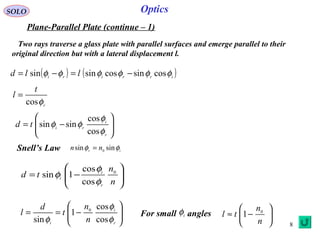 8
SOLO
Plane-Parallel Plate (continue – 1(
Two rays traverse a glass plate with parallel surfaces and emerge parallel to their
original direction but with a lateral displacement l.
Optics
( ) ( )irriri
lld φφφφφφ cossincossinsin −=−=
r
t
l
φcos
=






−=
r
i
ri
td
φ
φ
φφ
cos
cos
sinsin
ir
nn φφ sinsin 0
=Snell’s Law






−=
n
n
td
r
i
i
0
cos
cos
1sin
φ
φ
φ






−==
r
i
i
n
n
t
d
l
φ
φ
φ cos
cos
1
sin
0
For small anglesi
φ 





−≈
n
n
tl 0
1
 