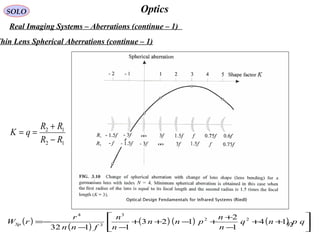 92
OpticsSOLO
Real Imaging Systems – Aberrations (continue – 1)
12
12
RR
RR
qK
−
+
==
( )
( )
( ) ( ) ( ) 





++
−
+
+−++
−−
−= qpnq
n
n
pnn
n
n
fnn
r
rWSp 14
1
2
123
1132
22
3
3
4
Thin Lens Spherical Aberrations (continue – 1)
 