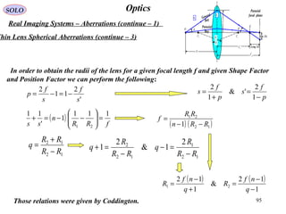 95
OpticsSOLO
Real Imaging Systems – Aberrations (continue – 1)
In order to obtain the radii of the lens for a given focal length f and given Shape Factor
and Position Factor we can perform the following:
Thin Lens Spherical Aberrations (continue – 3)
Those relations were given by Coddington.
'
2
11
2
s
f
s
f
p −=−= p
f
s
p
f
s
−
=
+
=
1
2
'&
1
2
( )
fRR
n
ss
111
1
'
11
21
=





−−=+
( ) ( )
1
12
&
1
12
21
−
−
=
+
−
=
q
nf
R
q
nf
R
12
12
RR
RR
q
−
+
=
12
1
12
2 2
1&
2
1
RR
R
q
RR
R
q
−
=−
−
=+
( ) ( )12
21
1 RRn
RR
f
−−
=
2
R
1
R
1
C
IO
2
C
Paraxial
focal plane2
n
1
n
s
ps'
E
rs' Long. SA
Lat. SA
φ
Paraxial
Ray
General
Ray
'φ
r
 