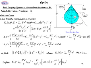 96
OpticsSOLO
Real Imaging Systems – Aberrations (continue – 8)
Seidel Aberrations (continue – 7)
hin Lens Coma
( ) ( )
( ) ( ) 



−
+
++
+
=
+==
q
n
n
pn
sfn
xyxh
xyxhCrhChrW CoCoCo
1
1
12
'4
''''
''''cos'';,
2
22
223
θθ
or thin lens the coma factor is given by:
where:we find:
( ) 2
22
2
1
1
12
4
'''
: MAXMAXCoS rq
n
n
pn
fn
h
r
n
sh
CC 



−
+
++==
1
2
3 4
P
Image
Plane
O
SC
SC
ST CC 3=
Coma Blur Spot Shape
Tangential
Coma
Sagittal
Coma

30
'h
'x
'y
( )( ) ( ) ( )222
'2' rRyrRx CoCo =∆+−∆ ( ) MAXCoCo rrr
n
sh
CrR ≤≤= 0
''
: 2
Define:
( ) ( ) ( ) ( )θθ 2cos2
''
cos21
''
''3
''
'
';',''
' 2222
+=+=+=
∂
=∆ r
n
sh
Cr
n
sh
Cyx
n
sh
C
x
hyxW
n
s
x CoCoCo
( ) ( ) θ2sin
''
''2
''
'
';',''
' 2
r
n
sh
Cyx
n
sh
C
y
hyxW
n
s
y CoCo ==
∂
=∆
 