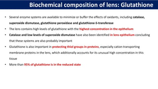 Biochemical composition of lens: Glutathione
• Several enzyme systems are available to minimize or buffer the effects of oxidants, including catalase,
superoxide dismutase, glutathione peroxidase and glutathione-S-transferase
• The lens contains high levels of glutathione with the highest concentration in the epithelium
• Catalase and low levels of superoxide dismutase have also been identified in lens epithelium concluding
that these systems are also probably important
• Glutathione is also important in protecting thiol groups in proteins, especially cation transporting
membrane proteins in the lens, which additionally accounts for its unusual high concentration in this
tissue
• More than 95% of glutathione is in the reduced state
 