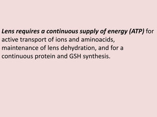 Lens requires a continuous supply of energy (ATP) for
active transport of ions and aminoacids,
maintenance of lens dehydration, and for a
continuous protein and GSH synthesis.
 