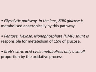 • Glycolytic pathway. In the lens, 80% glucose is
metabolised anaerobically by this pathway.
• Pentose, Hexose, Monophosphate (HMP) shunt is
responsible for metabolism of 15% of glucose.
• Kreb’s citric acid cycle metabolises only a small
proportion by the oxidative process.
 