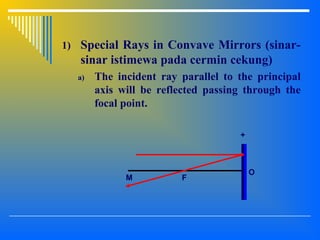 1) Special Rays in Convave Mirrors (sinar-
sinar istimewa pada cermin cekung)
a) The incident ray parallel to the principal
axis will be reflected passing through the
focal point.
O
FM
+
 