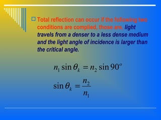  Total reflection can occur if the following two
conditions are complied, those are, light
travels from a denser to a less dense medium
and the light angle of incidence is larger than
the critical angle.
1
2
21
sin
90sinsin
n
n
nn
k
o
k
=
=
θ
θ
 