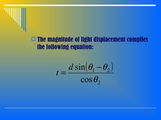  The magnitude of light displacement complies
the following equation:
( )
2
21
cos
sin
θ
θθ −
=
d
t
 