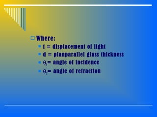  Where:
 t = displacement of light
 d = planparallel glass thickness
 θ1= angle of incidence
 θ2= angle of refraction
 