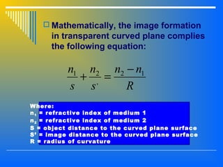  Mathematically, the image formation
in transparent curved plane complies
the following equation:
R
nn
s
n
s
n 12
,
21 −
=+
Where:
n1 = refractive index of medium 1
n2 = refractive index of medium 2
S = object distance to the curved plane surface
S’ = image distance to the curved plane surface
R = radius of curvature
 