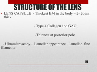 STRUCTURE OF THE LENS
• LENS CAPSULE - Thickest BM in the body – 2- 20um
thick
- Type 4 Collagen and GAG
-Thinnest at posterior pole
- Ultramicroscopy – Lamellar appearance – lamellae fine
filaments
10
 