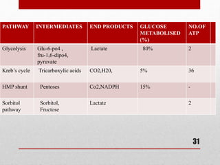 PATHWAY INTERMEDIATES END PRODUCTS GLUCOSE
METABOLISED
(%)
NO.OF
ATP
Glycolysis Glu-6-po4 ,
fru-1,6-dipo4,
pyruvate
Lactate 80% 2
Kreb’s cycle Tricarboxylic acids CO2,H20, 5% 36
HMP shunt Pentoses Co2,NADPH 15% -
Sorbitol
pathway
Sorbitol,
Fructose
Lactate 2
31
 