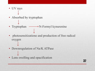• UV rays
• Absorbed by tryptophan
• Tryptophan N-Formyl kynurenine
• photosensitizatione and production of free radical
oxygen
• Downregulation of Na/K ATPase
• Lens swelling and opacification
37
 
