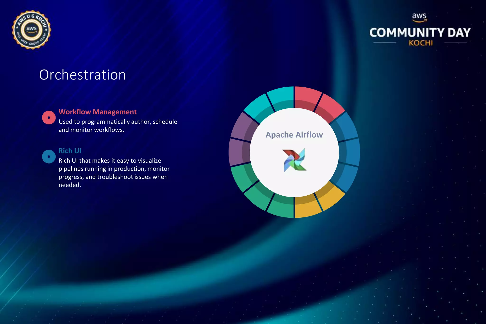 Orchestration
Used to programmatically author, schedule
and monitor workflows.
Workflow Management
Rich UI that makes it easy to visualize
pipelines running in production, monitor
progress, and troubleshoot issues when
needed.
Rich UI
Apache Airflow
 