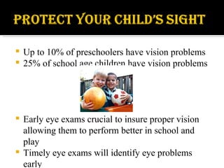 Up to 10% of preschoolers have vision problems 25% of school age children have vision problems Early eye exams crucial to insure proper vision allowing them to perform better in school and play Timely eye exams will identify eye problems early 