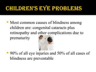 Most common causes of blindness among children are: congenital cataracts plus retinopathy and other complications due to prematurity 90% of all eye injuries and 50% of all cases of blindness are preventable 