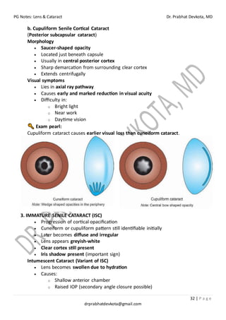 PG Notes: Lens & Cataract Dr. Prabhat Devkota, MD
32 | P a g e
drprabhatdevkota@gmail.com
b. Cupuliform Senile Cortical Cataract
(Posterior subcapsular cataract)
Morphology
• Saucer-shaped opacity
• Located just beneath capsule
• Usually in central posterior cortex
• Sharp demarcation from surrounding clear cortex
• Extends centrifugally
Visual symptoms
• Lies in axial ray pathway
• Causes early and marked reduction in visual acuity
• Difficulty in:
o Bright light
o Near work
o Daytime vision
Exam pearl:
Cupuliform cataract causes earlier visual loss than cuneiform cataract.
3. IMMATURE SENILE CATARACT (ISC)
• Progression of cortical opacification
• Cuneiform or cupuliform pattern still identifiable initially
• Later becomes diffuse and irregular
• Lens appears greyish-white
• Clear cortex still present
• Iris shadow present (important sign)
Intumescent Cataract (Variant of ISC)
• Lens becomes swollen due to hydration
• Causes:
o Shallow anterior chamber
o Raised IOP (secondary angle closure possible)
 