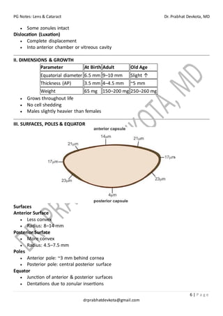 PG Notes: Lens & Cataract Dr. Prabhat Devkota, MD
6 | P a g e
drprabhatdevkota@gmail.com
• Some zonules intact
Dislocation (Luxation)
• Complete displacement
• Into anterior chamber or vitreous cavity
II. DIMENSIONS & GROWTH
Parameter At Birth Adult Old Age
Equatorial diameter 6.5 mm 9–10 mm Slight ↑
Thickness (AP) 3.5 mm 4–4.5 mm ~5 mm
Weight 65 mg 150–200 mg 250–260 mg
• Grows throughout life
• No cell shedding
• Males slightly heavier than females
III. SURFACES, POLES & EQUATOR
Surfaces
Anterior Surface
• Less convex
• Radius: 8–14 mm
Posterior Surface
• More convex
• Radius: 4.5–7.5 mm
Poles
• Anterior pole: ~3 mm behind cornea
• Posterior pole: central posterior surface
Equator
• Junction of anterior & posterior surfaces
• Dentations due to zonular insertions
 