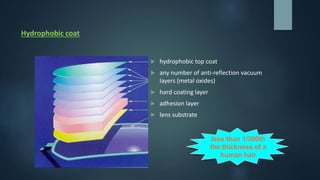 Hydrophobic coat
 hydrophobic top coat
 any number of anti-reflection vacuum
layers (metal oxides)
 hard coating layer
 adhesion layer
 lens substrate
less than 1/300th
the thickness of a
human hair
 