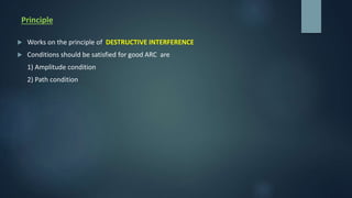 Principle
 Works on the principle of DESTRUCTIVE INTERFERENCE
 Conditions should be satisfied for good ARC are
1) Amplitude condition
2) Path condition
 