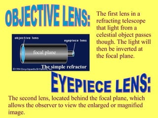 OBJECTIVE LENS: EYEPIECE LENS: The first lens in a refracting telescope that light from a celestial object passes though. The light will then be inverted at the focal plane. The second lens, located behind the focal plane, which allows the observer to view the enlarged or magnified image. focal plane The simple refractor 