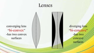 Lenses
converging lens
“bi-convex”
-has two convex
surfaces
diverging lens
“bi-concave”
-has two
concave
surfaces
 