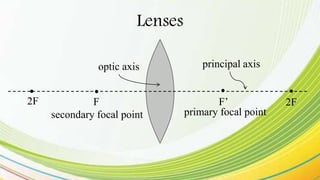 F’F
Lenses
optic axis
2F 2F
principal axis
secondary focal point primary focal point
 